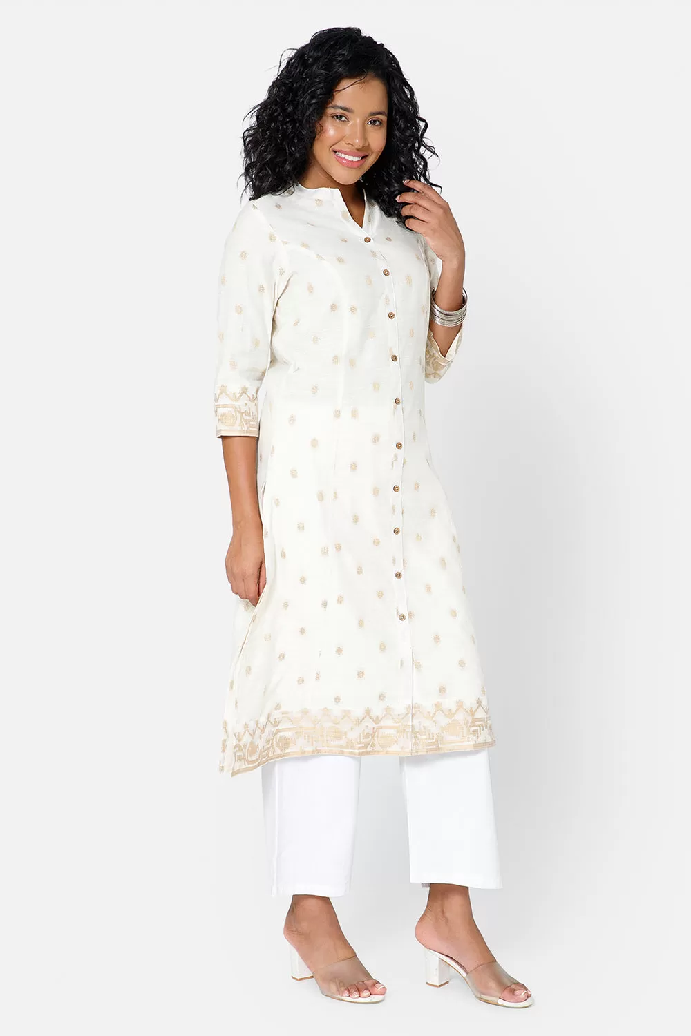 Mythri Women's Casual Kurthi with Mandarin Collar 3/4th Sleeves - Off White - KU69