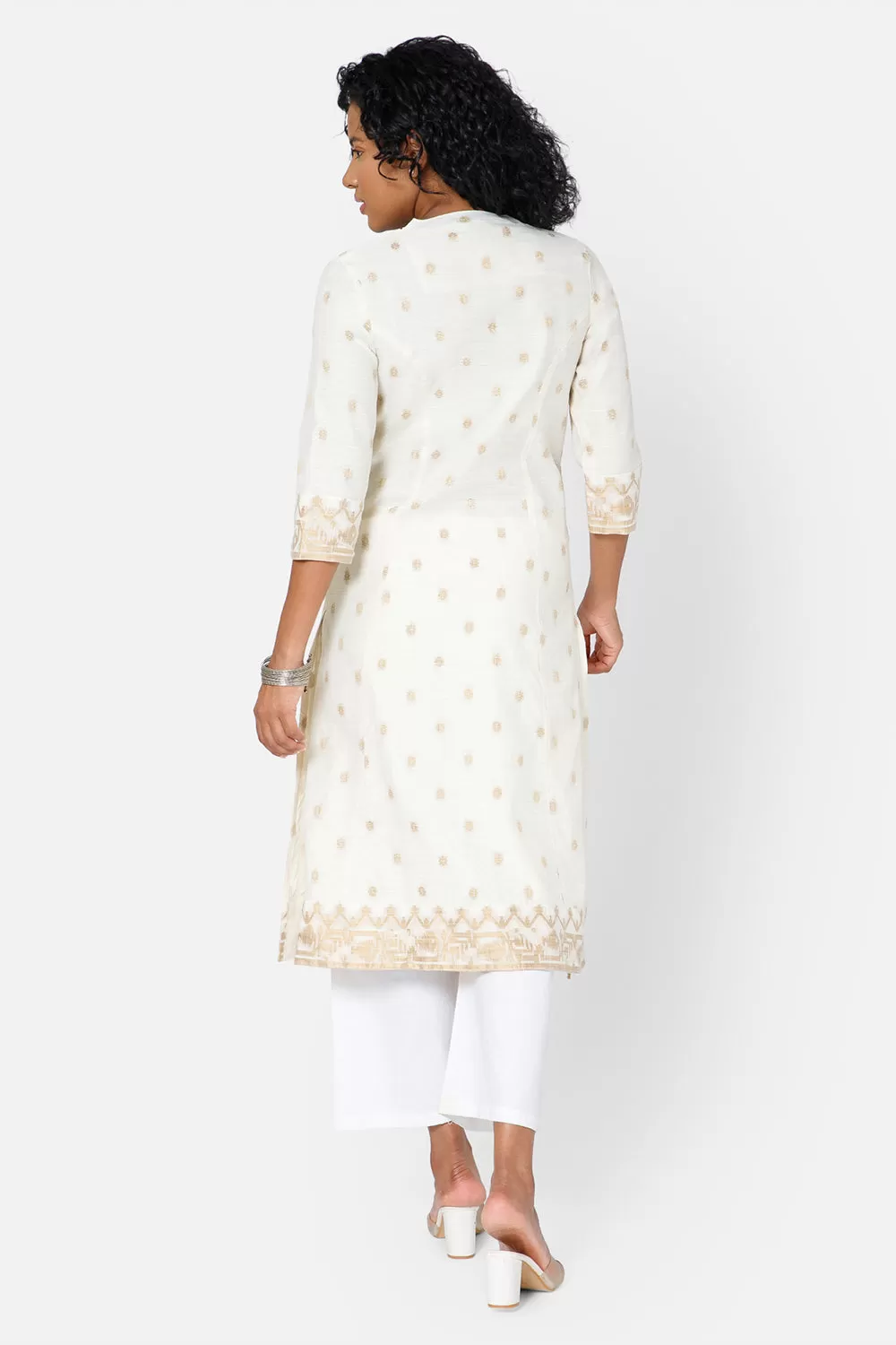 Mythri Women's Casual Kurthi with Mandarin Collar 3/4th Sleeves - Off White - KU69