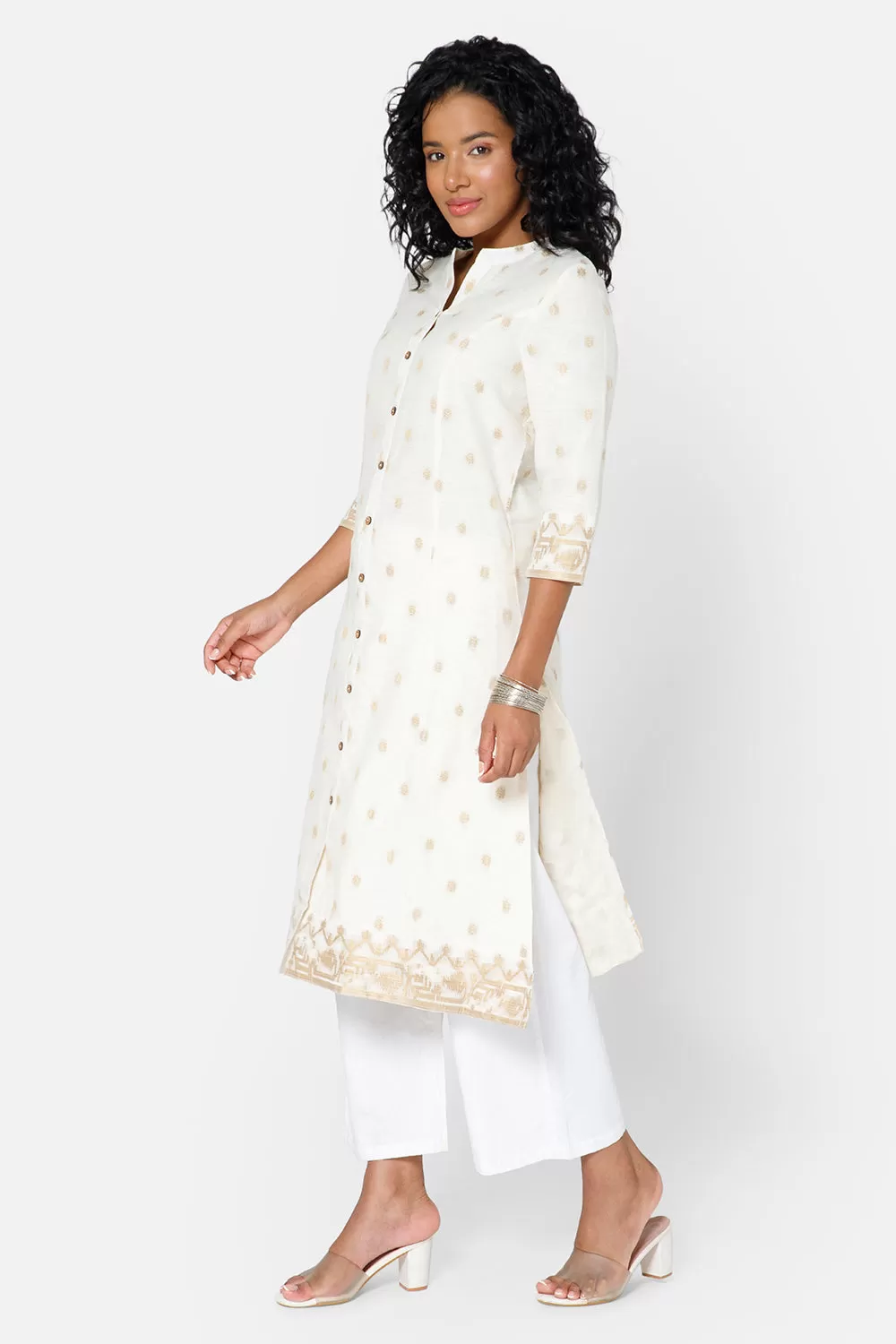 Mythri Women's Casual Kurthi with Mandarin Collar 3/4th Sleeves - Off White - KU69