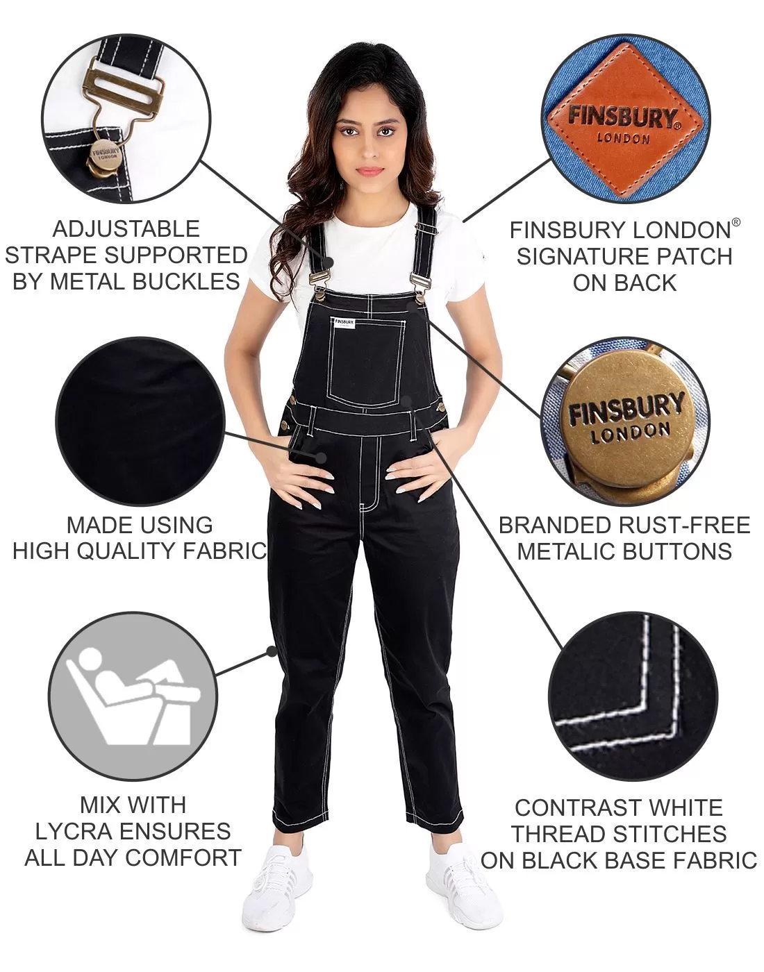 NaughtyDungaree® Black Twill Dungaree with Contrast White Thread