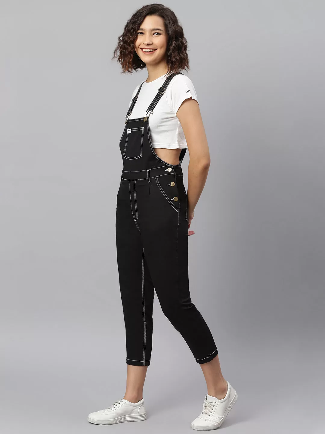 NaughtyDungaree® Black Twill Dungaree with Contrast White Thread