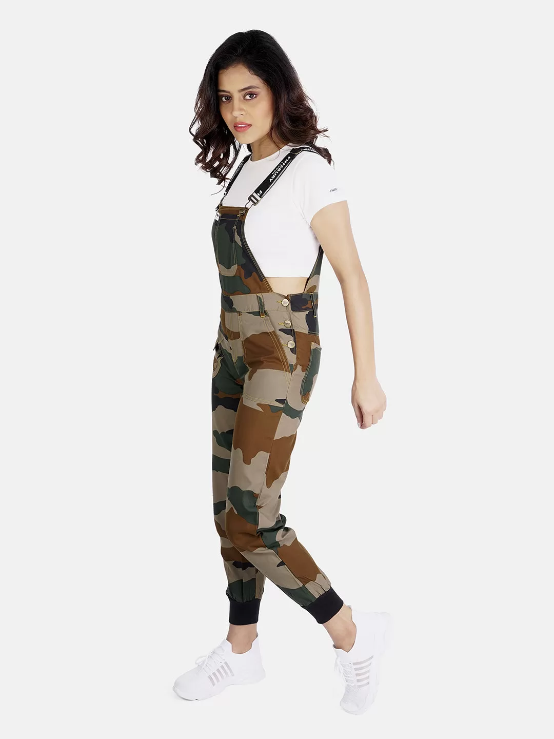 NaughtyDungaree® Camouflage Print Women Dungaree with Black Rib Bottom Hem-Fold