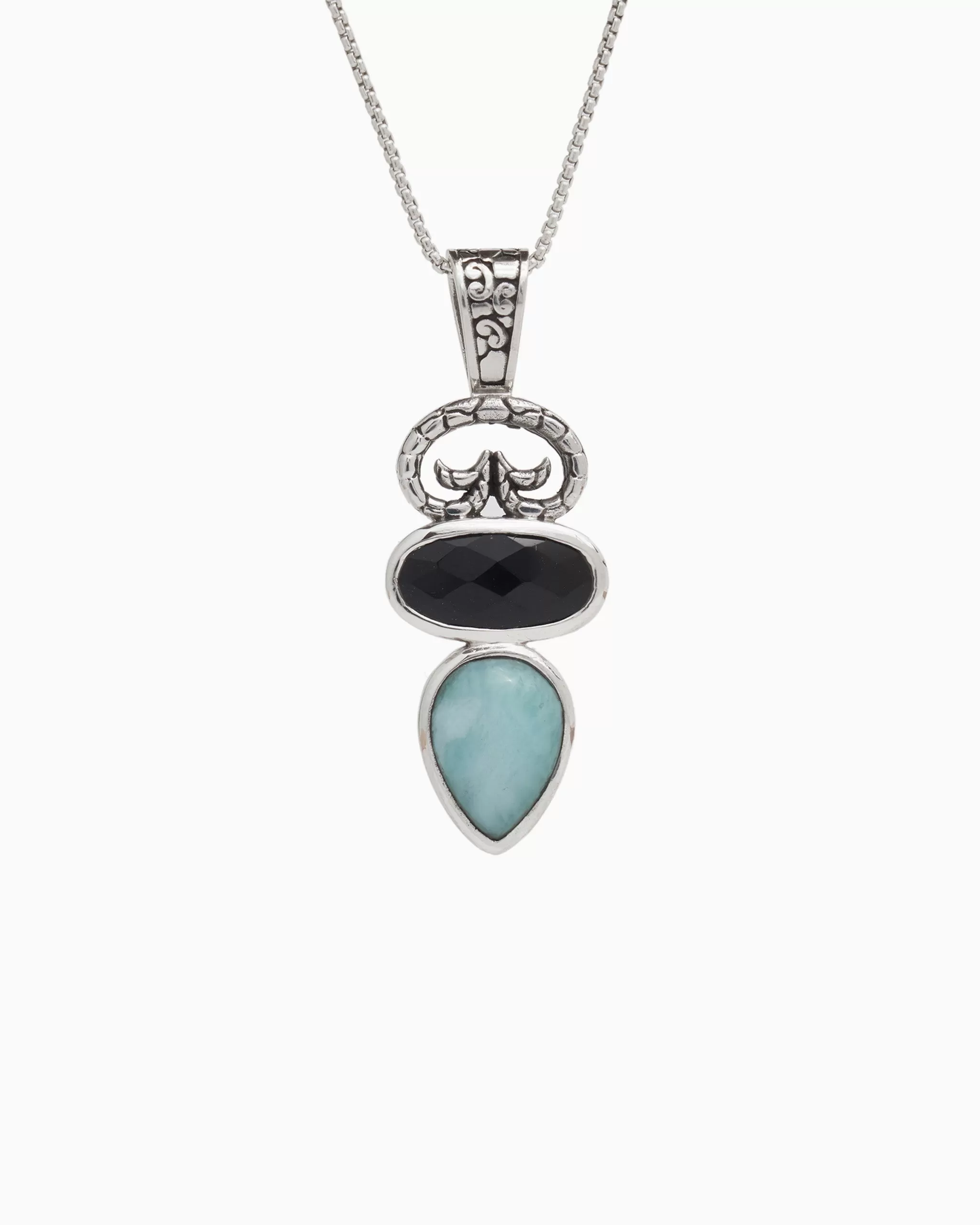 North Shore Double Stone Pendant with Petroglyph - Larimar/Black Onyx