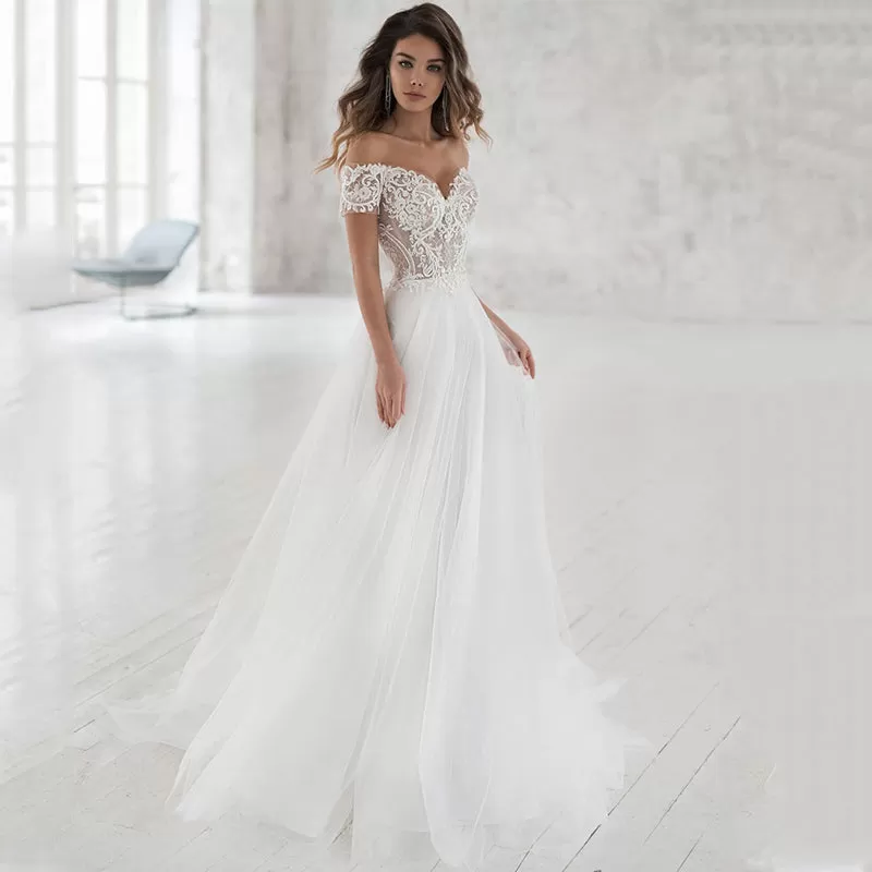 Off The Shoulder Appliqued Bride Dresses A Line Elegant Lace Wedding Bridal Gowns ER2100