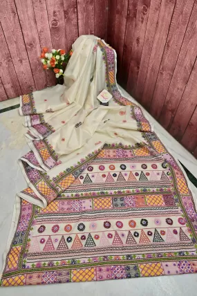 Offwhite Color Half Tussar Saree with Hand Lambani and Mirror Work