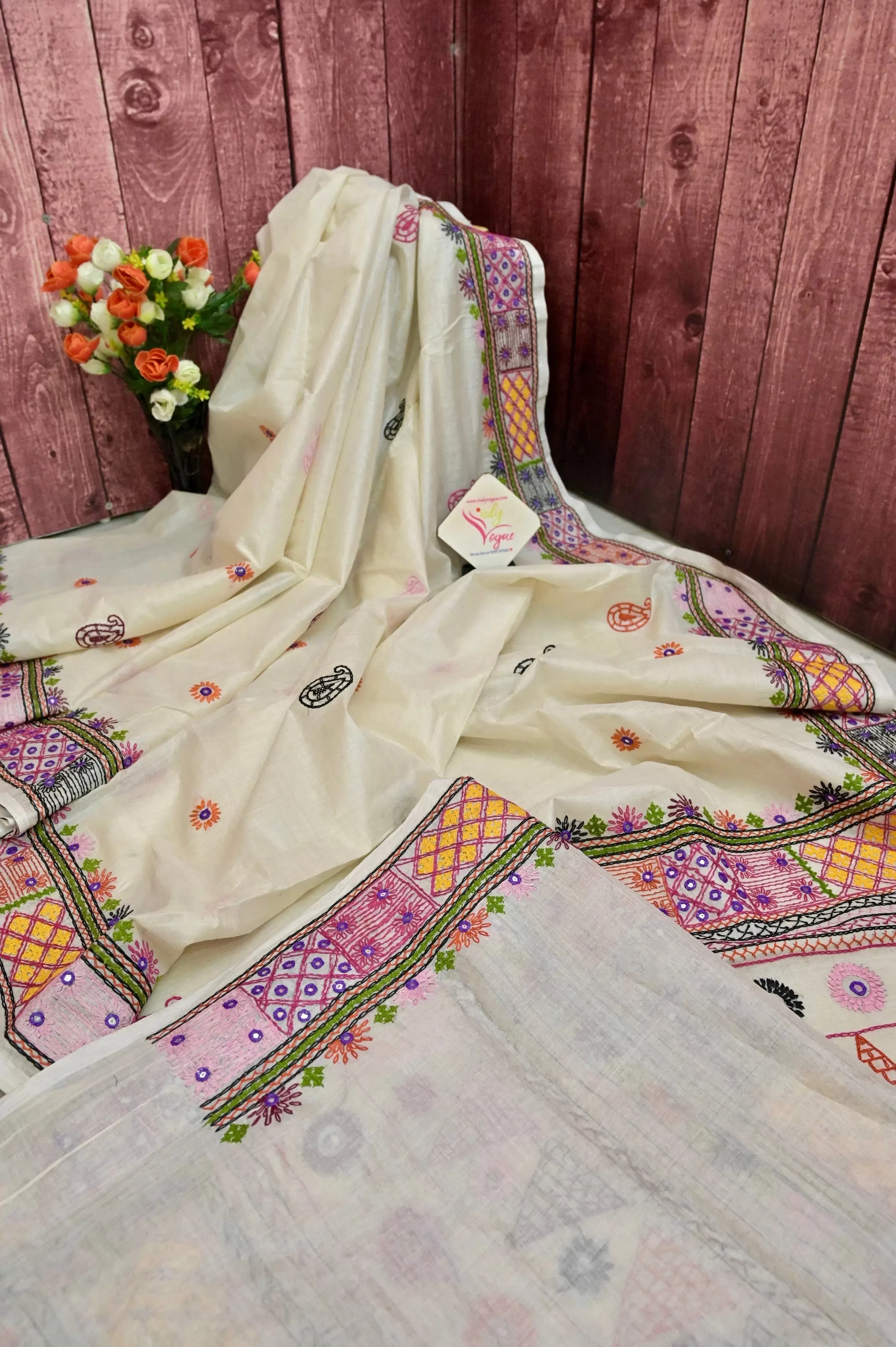 Offwhite Color Half Tussar Saree with Hand Lambani and Mirror Work