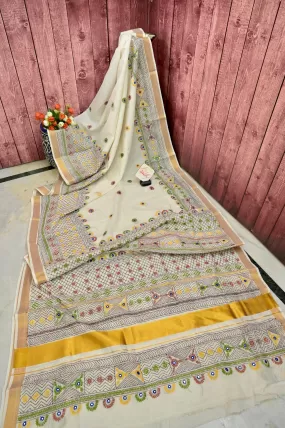 Offwhite Color Kerala Cotton Saree with Hand Lambani Work and Zari Border