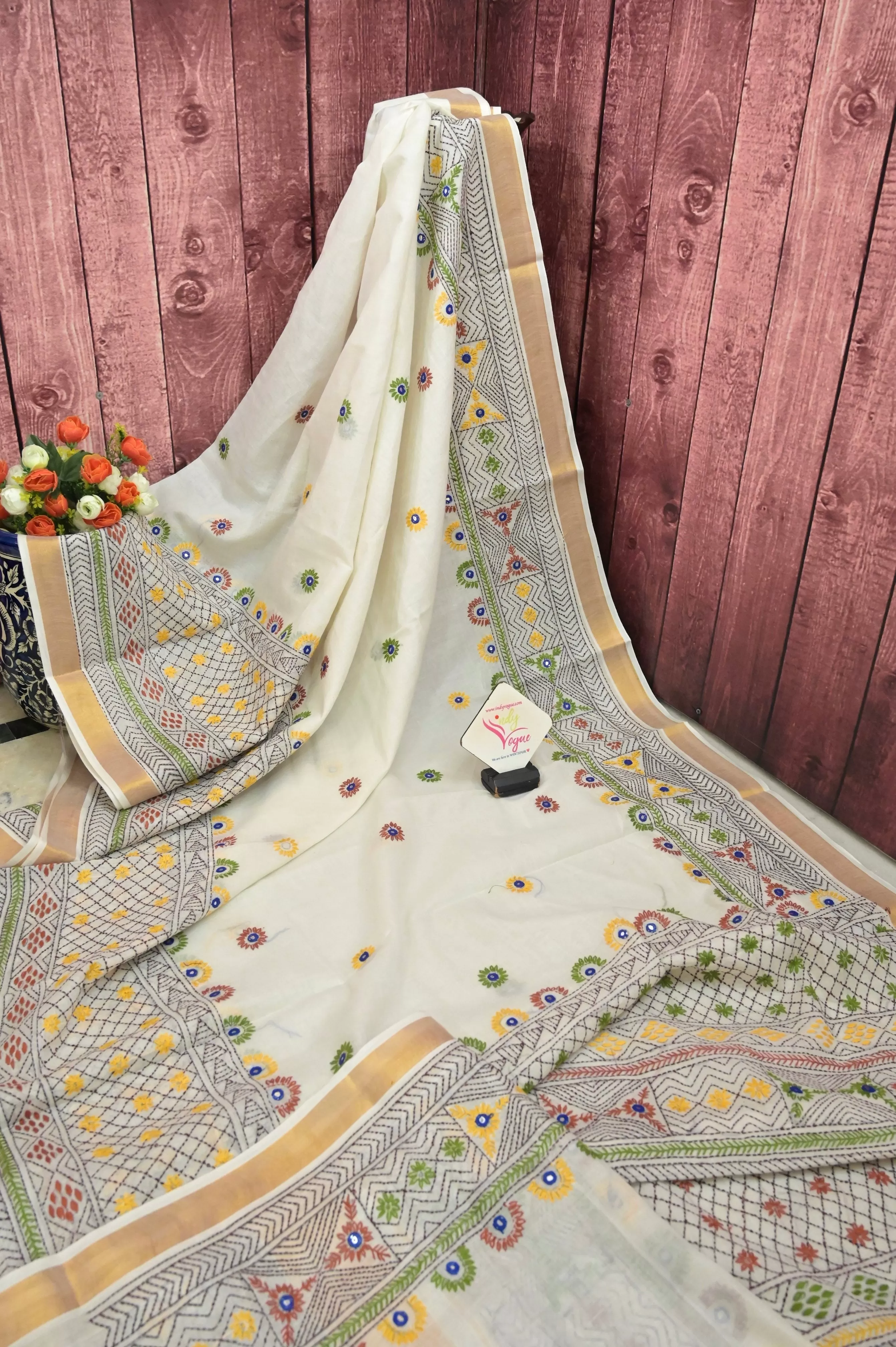 Offwhite Color Kerala Cotton Saree with Hand Lambani Work and Zari Border