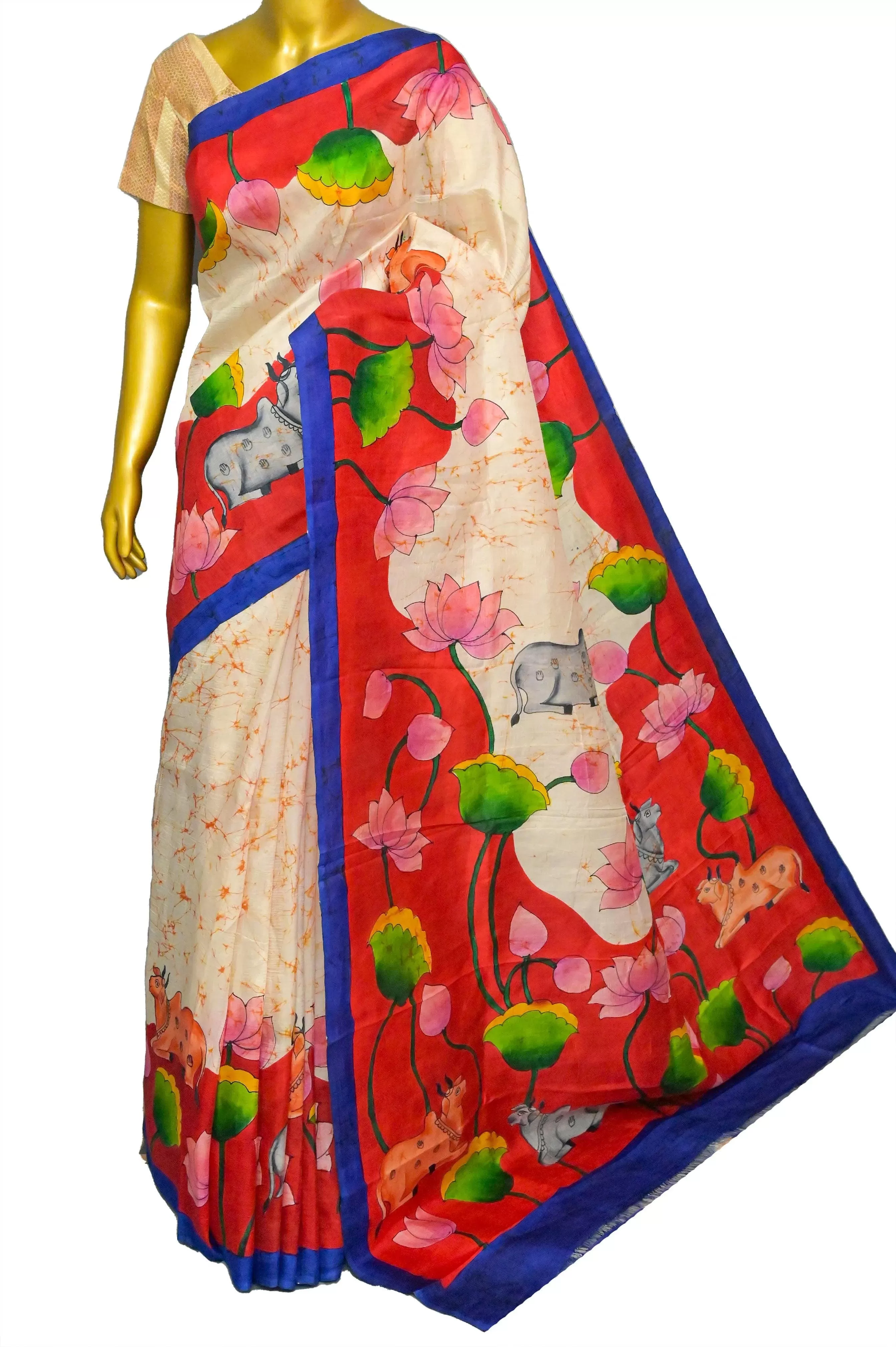 Offwhite Color Pure Bishnupur Silk Saree with Pichwai Hand Painting Work