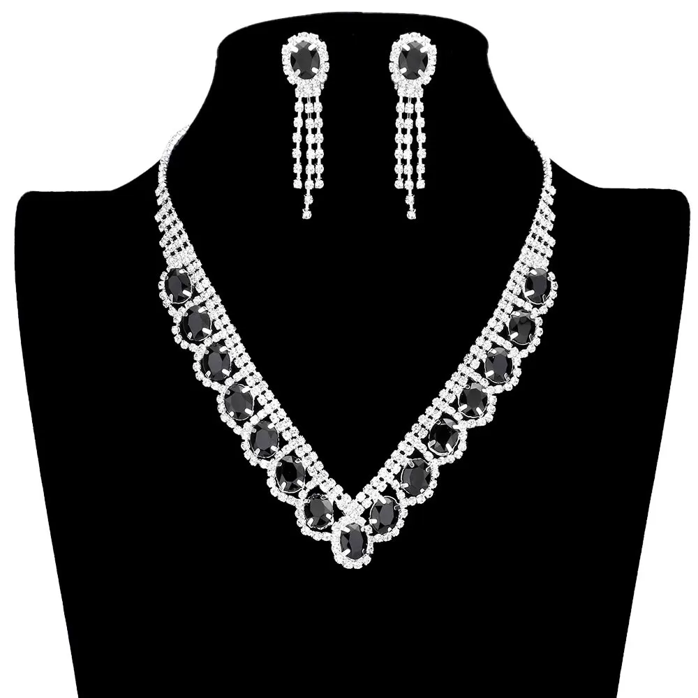 Oval Stone Accented V Shaped Rhinestone Necklace Earring Set