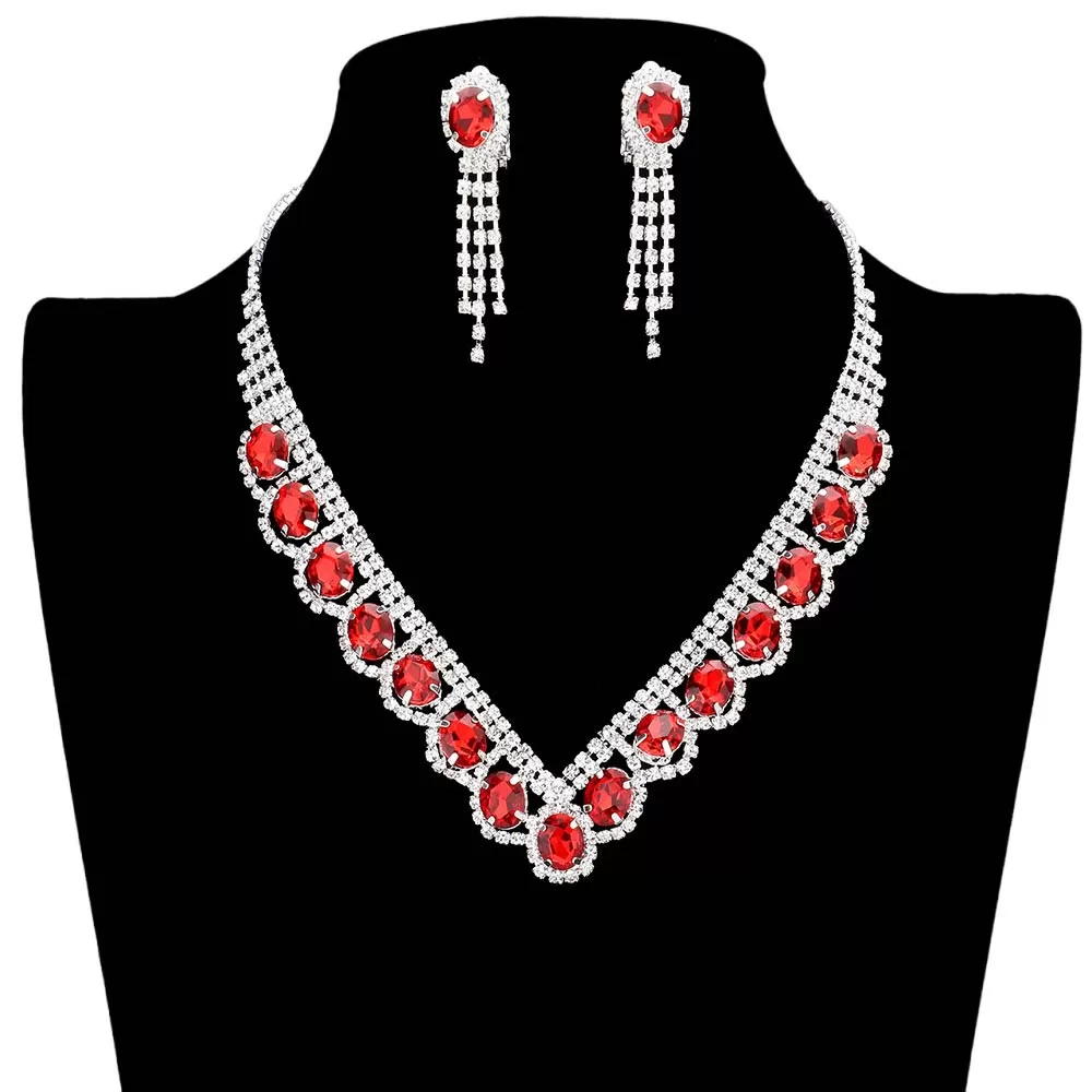 Oval Stone Accented V Shaped Rhinestone Necklace Earring Set