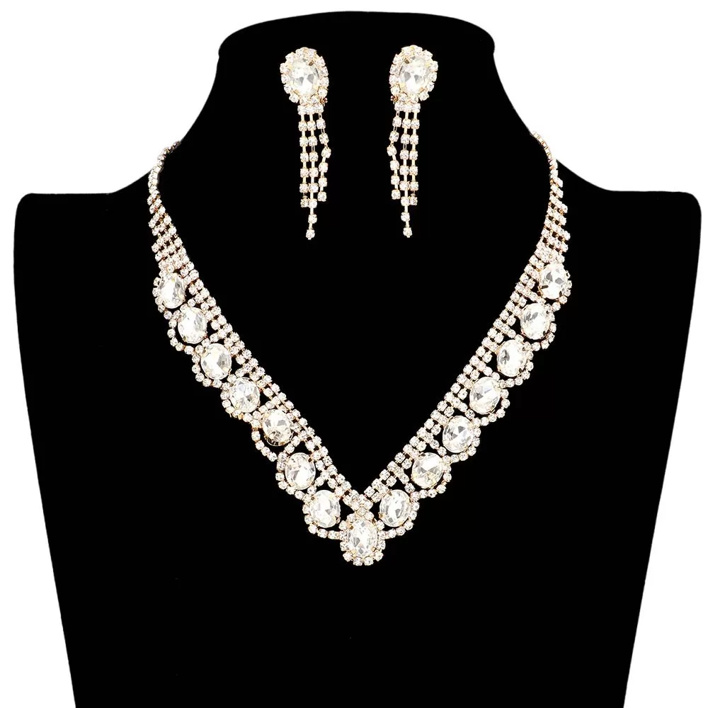 Oval Stone Accented V Shaped Rhinestone Necklace Earring Set