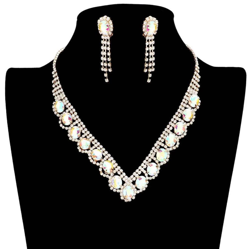 Oval Stone Accented V Shaped Rhinestone Necklace Earring Set