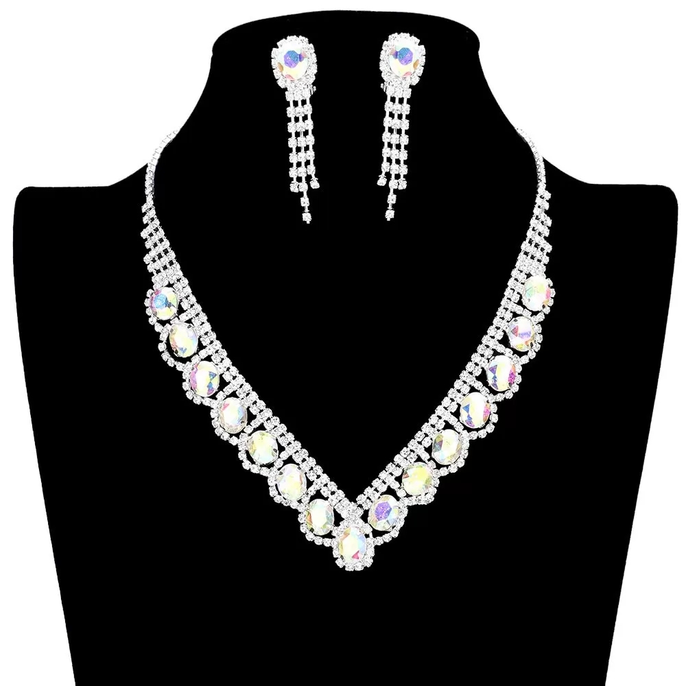 Oval Stone Accented V Shaped Rhinestone Necklace Earring Set