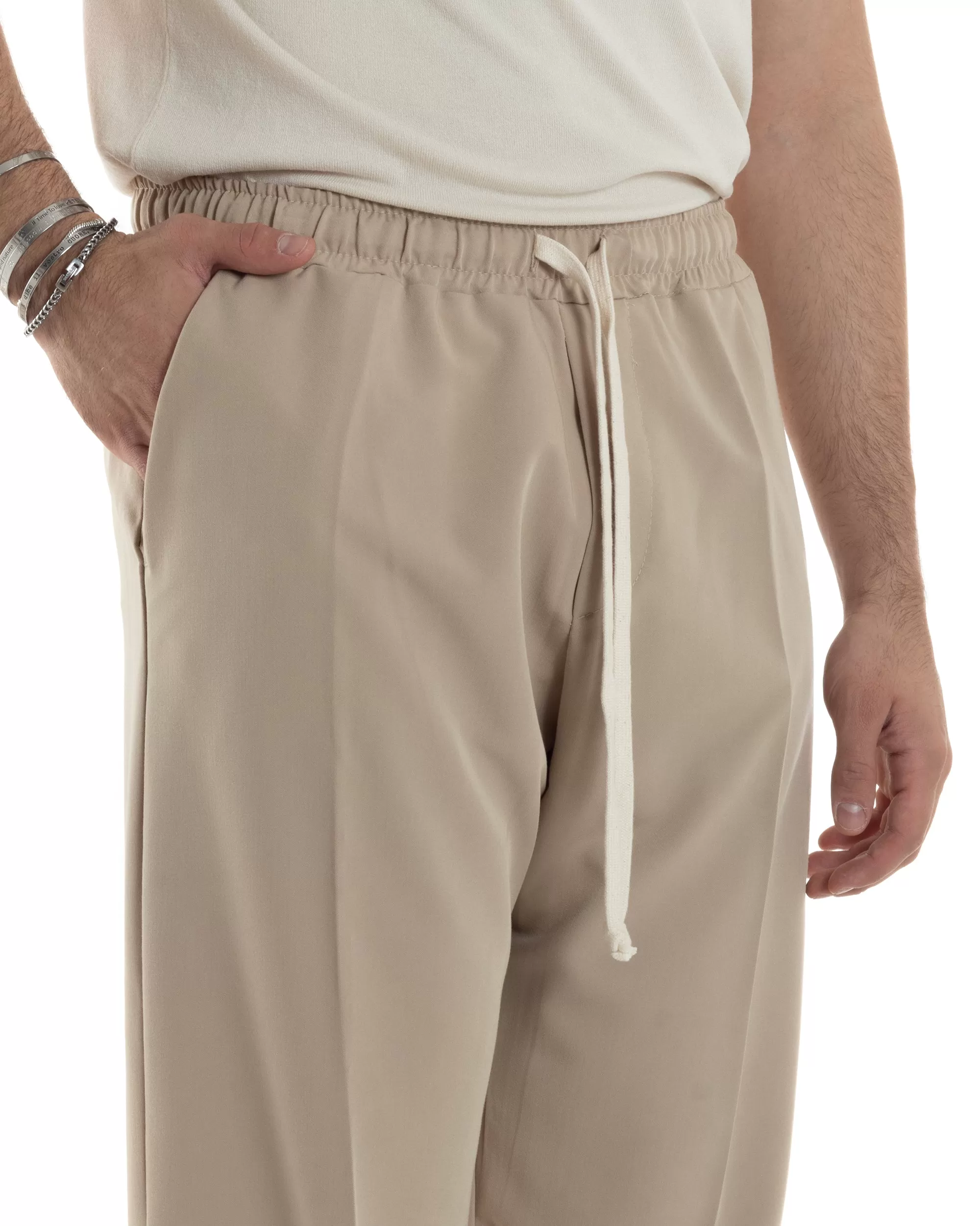 Pantaloni Uomo Pantalaccio Morbido Viscosa Baggy Beige Coulisse Fondo Largo GIOSAL-P6090A