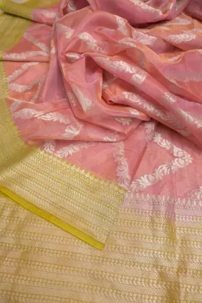 Pink Silver Stripes Tissue Organza Banarasi