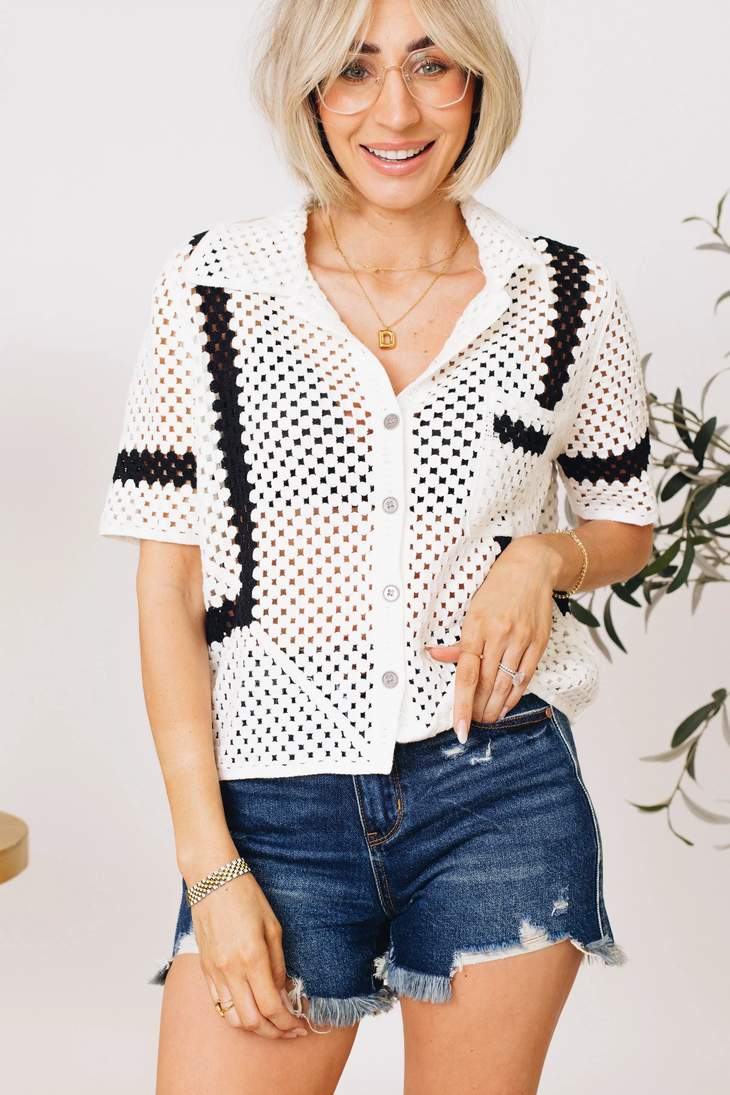 Pol - Color Block Button Down Crochet Top (S-L)