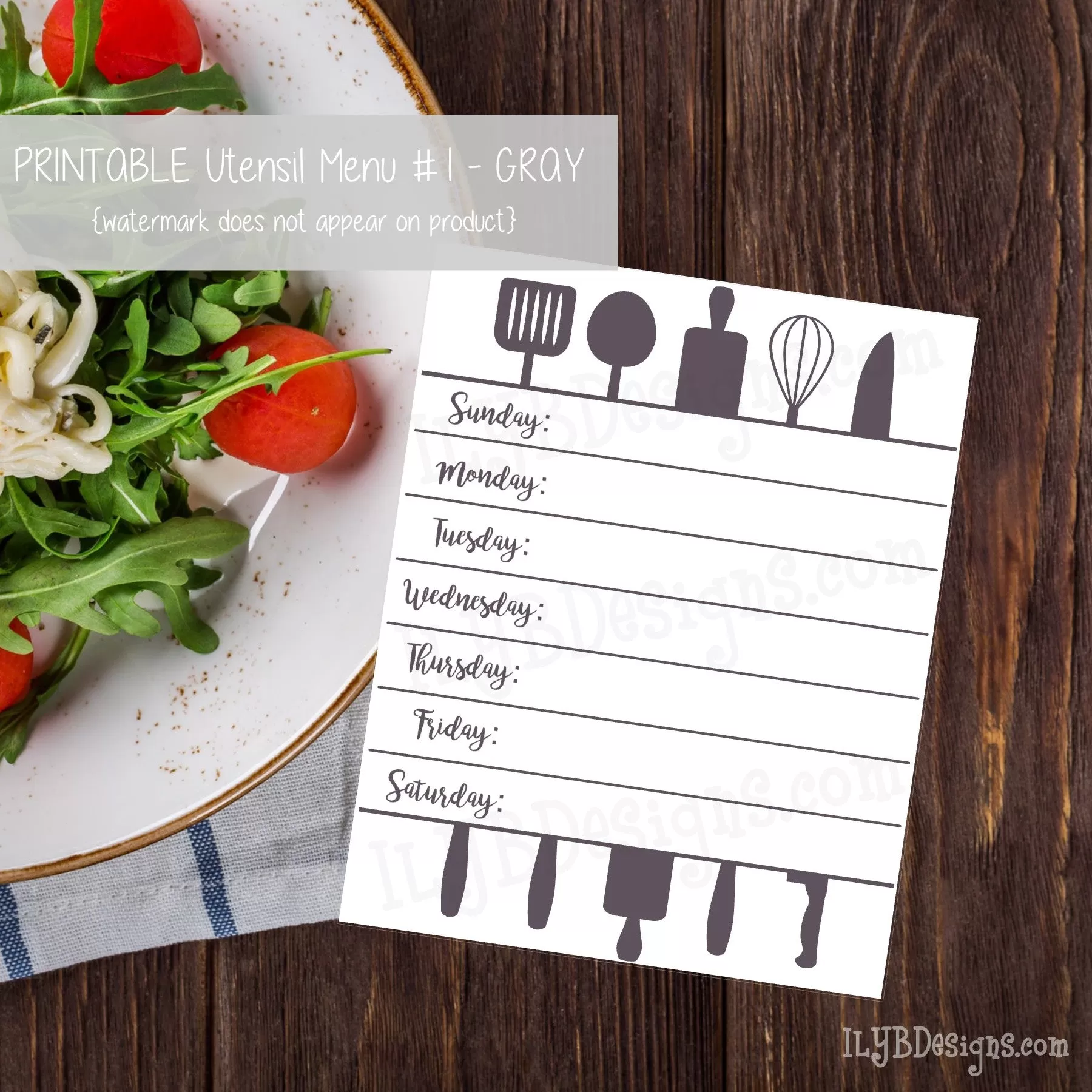 PRINTABLE Utensil Menu #1 - Gray