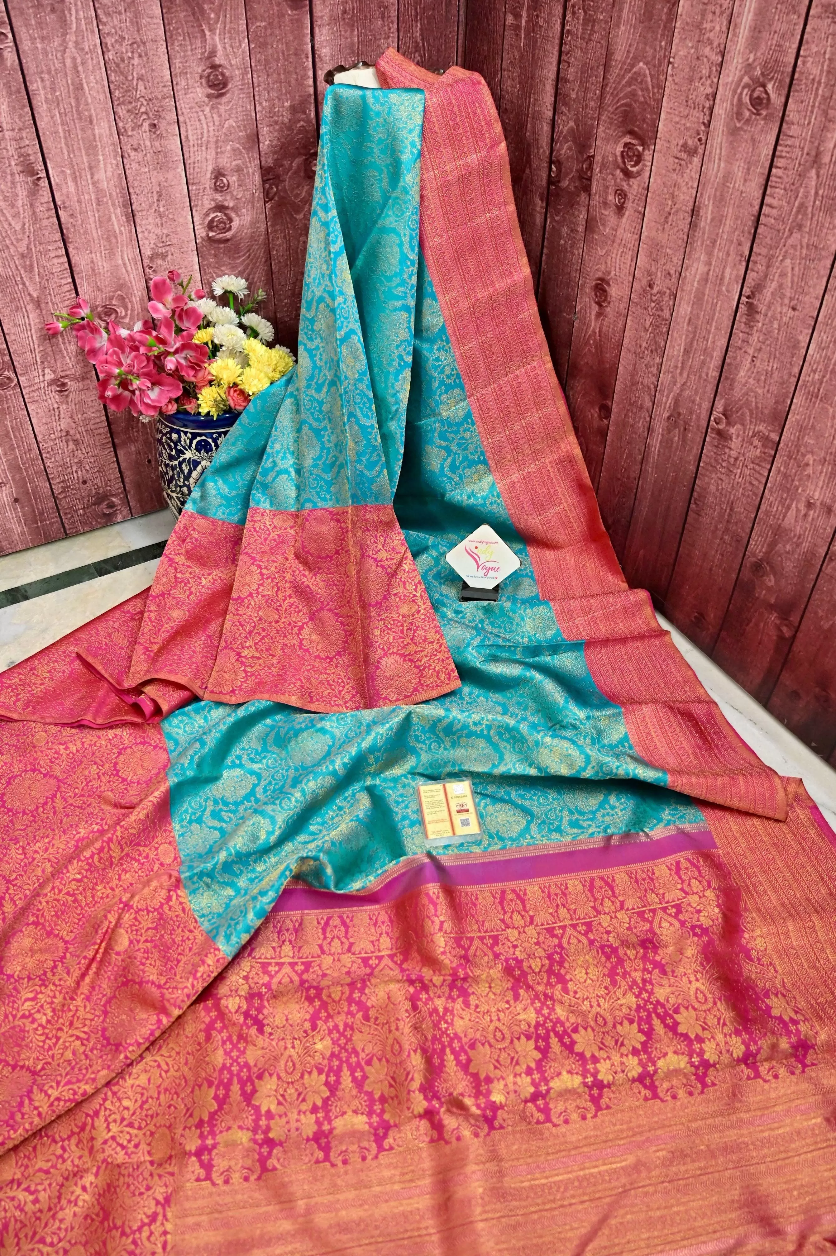 Rama Green Color Koravi Kanjeevaram Silk Saree with Pure Gold Zari Weaving and Skirt Border