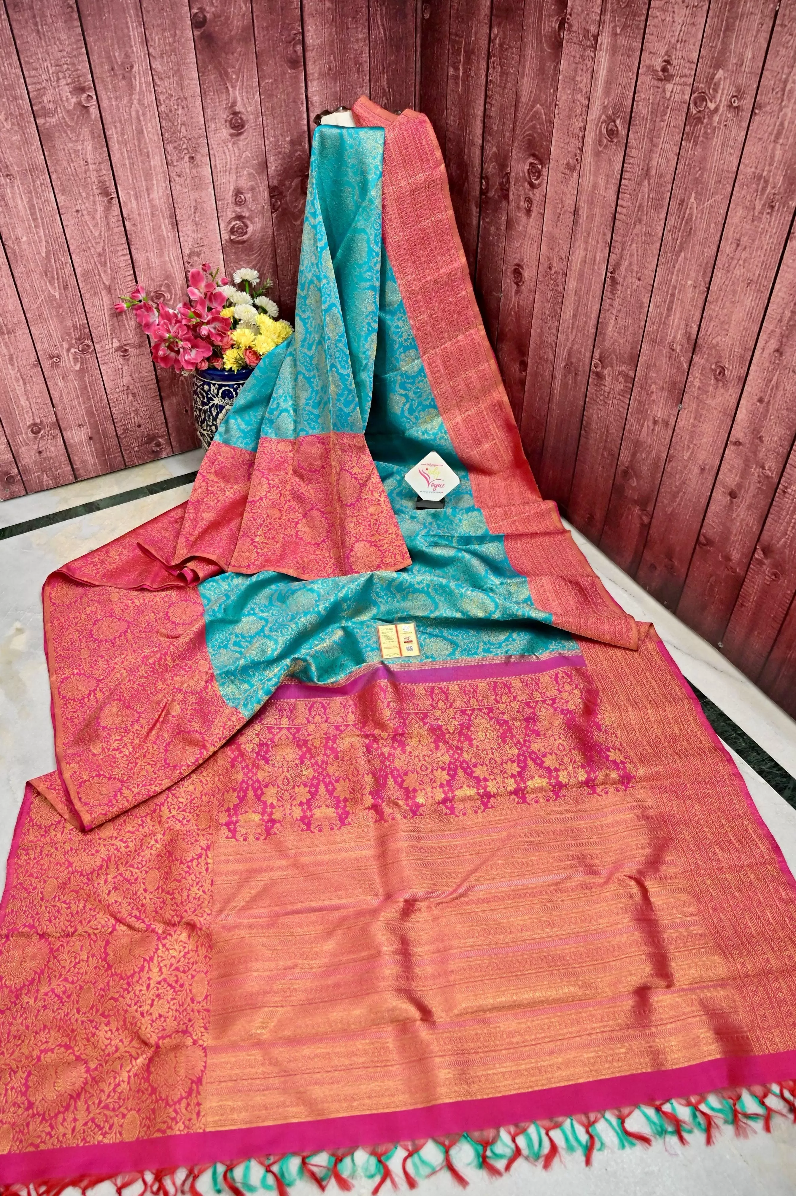 Rama Green Color Koravi Kanjeevaram Silk Saree with Pure Gold Zari Weaving and Skirt Border