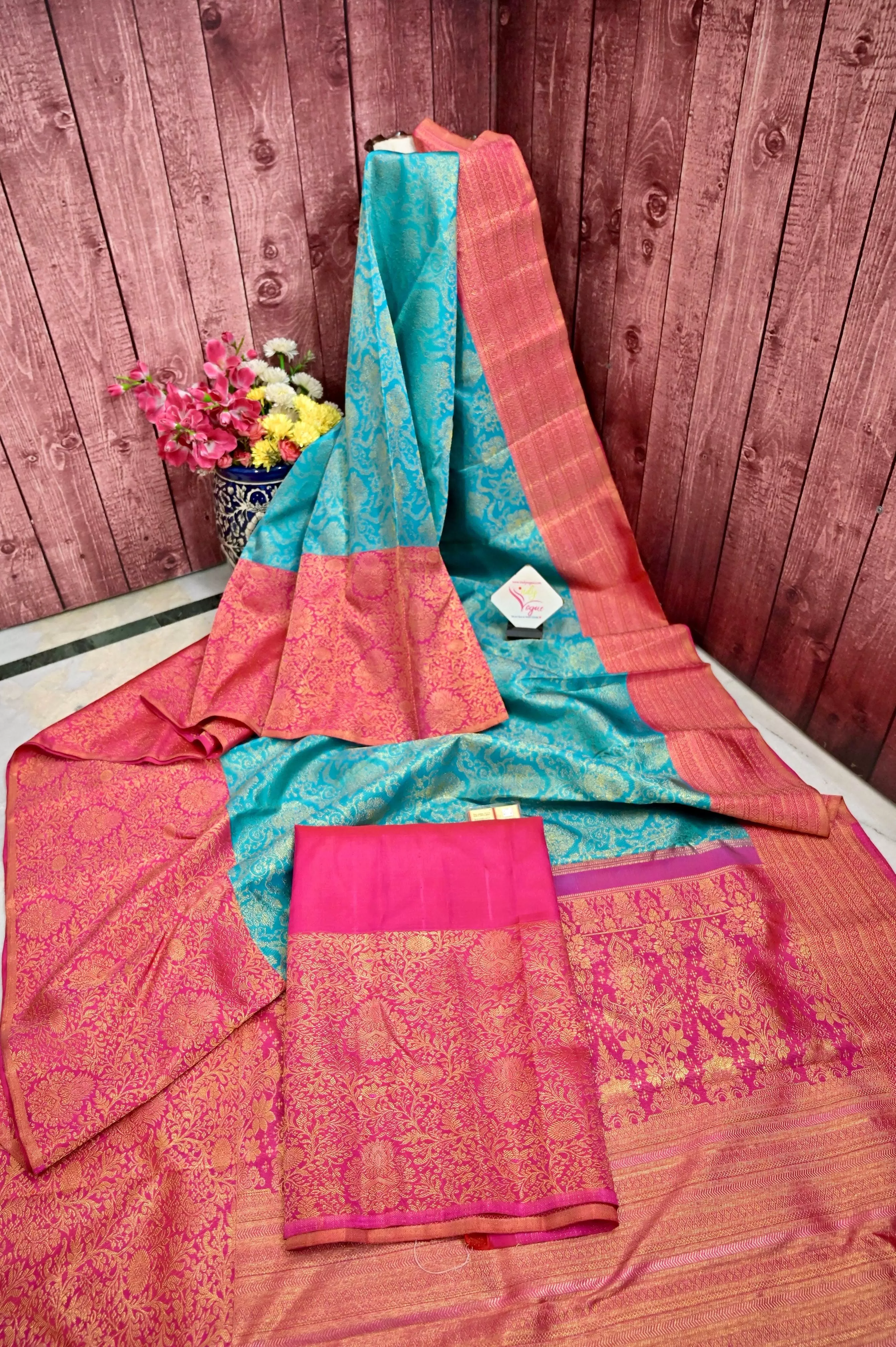 Rama Green Color Koravi Kanjeevaram Silk Saree with Pure Gold Zari Weaving and Skirt Border