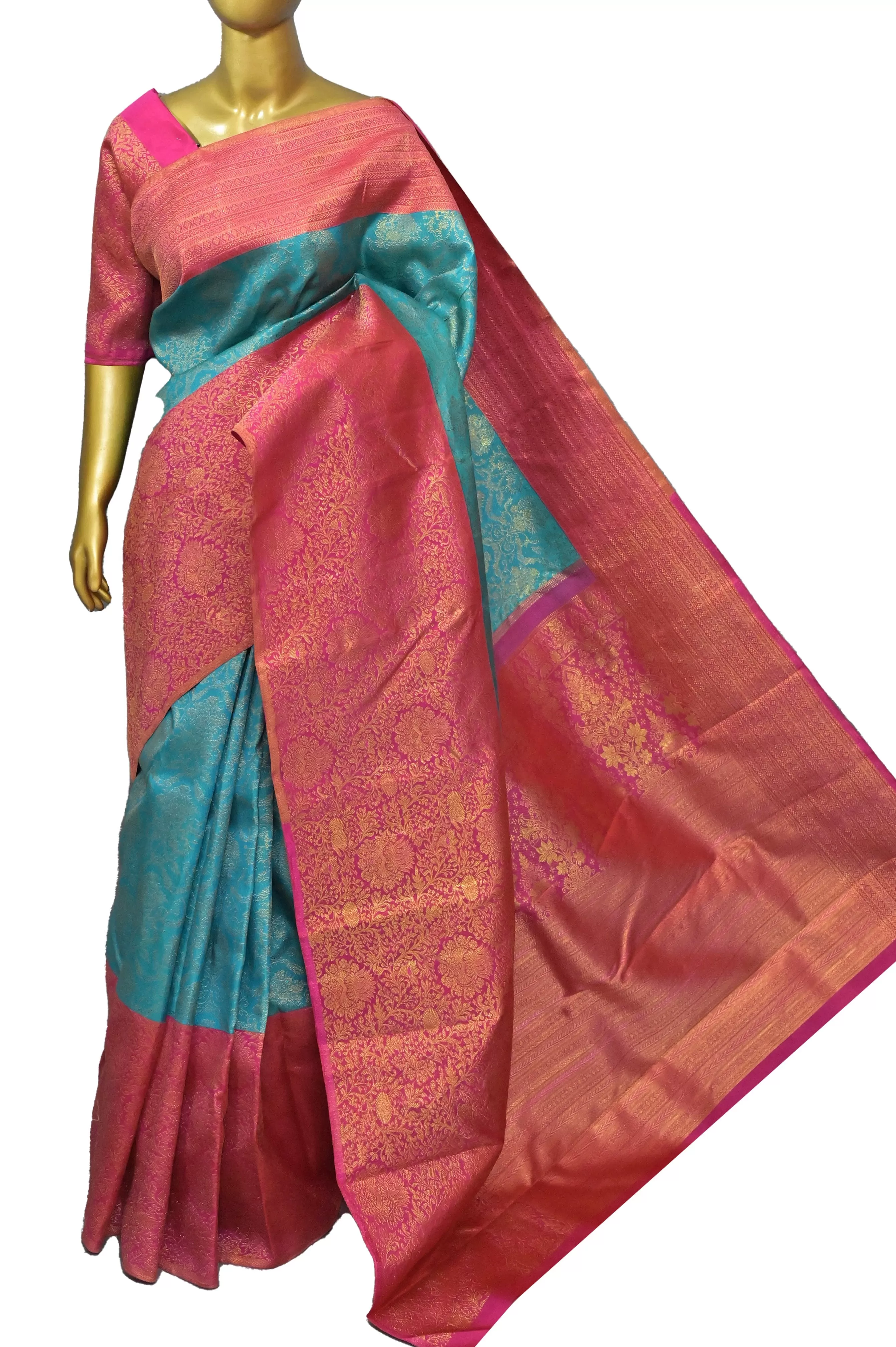 Rama Green Color Koravi Kanjeevaram Silk Saree with Pure Gold Zari Weaving and Skirt Border