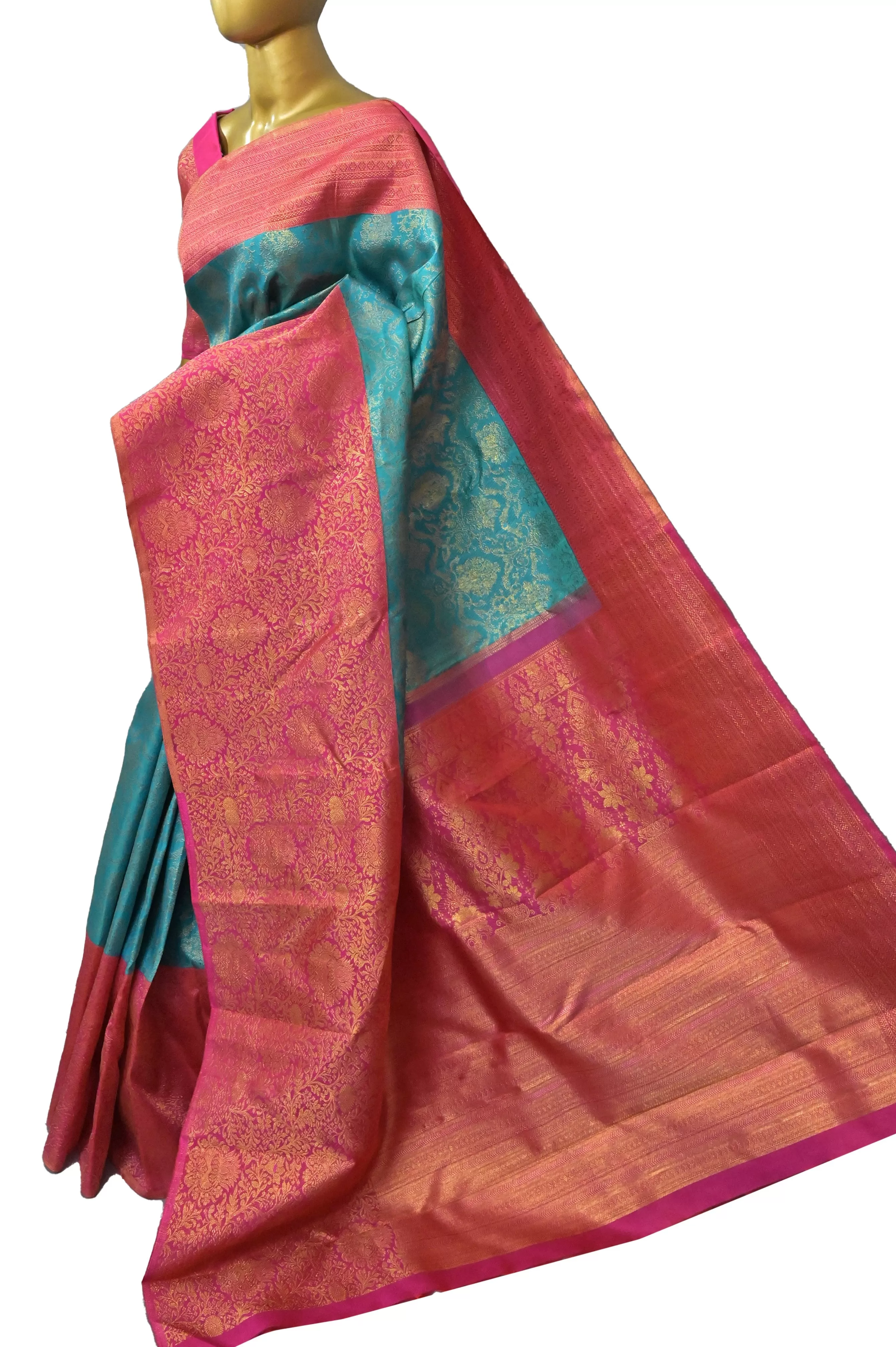 Rama Green Color Koravi Kanjeevaram Silk Saree with Pure Gold Zari Weaving and Skirt Border