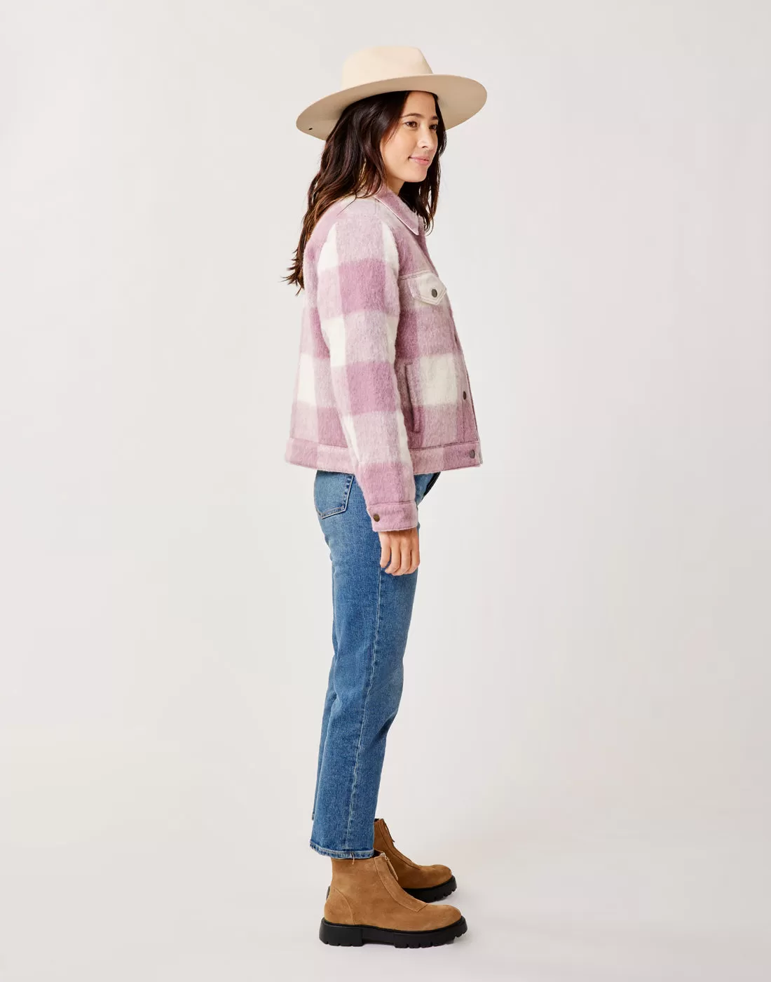 Rhea Wool Trucker: Orchid Plaid