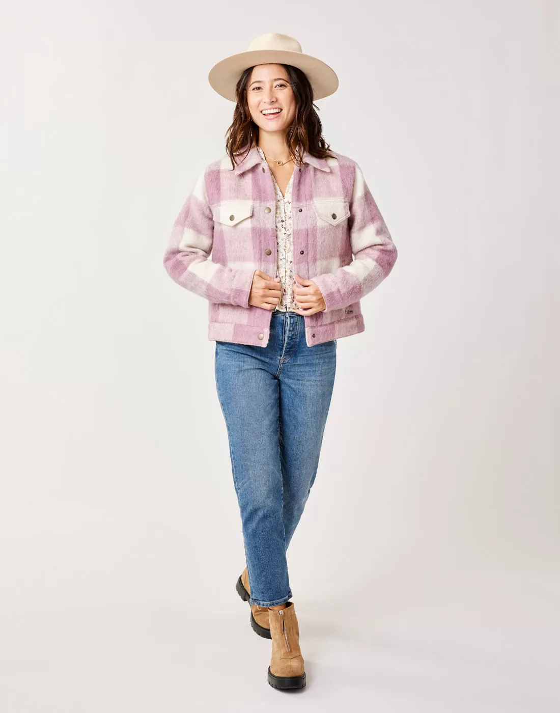 Rhea Wool Trucker: Orchid Plaid