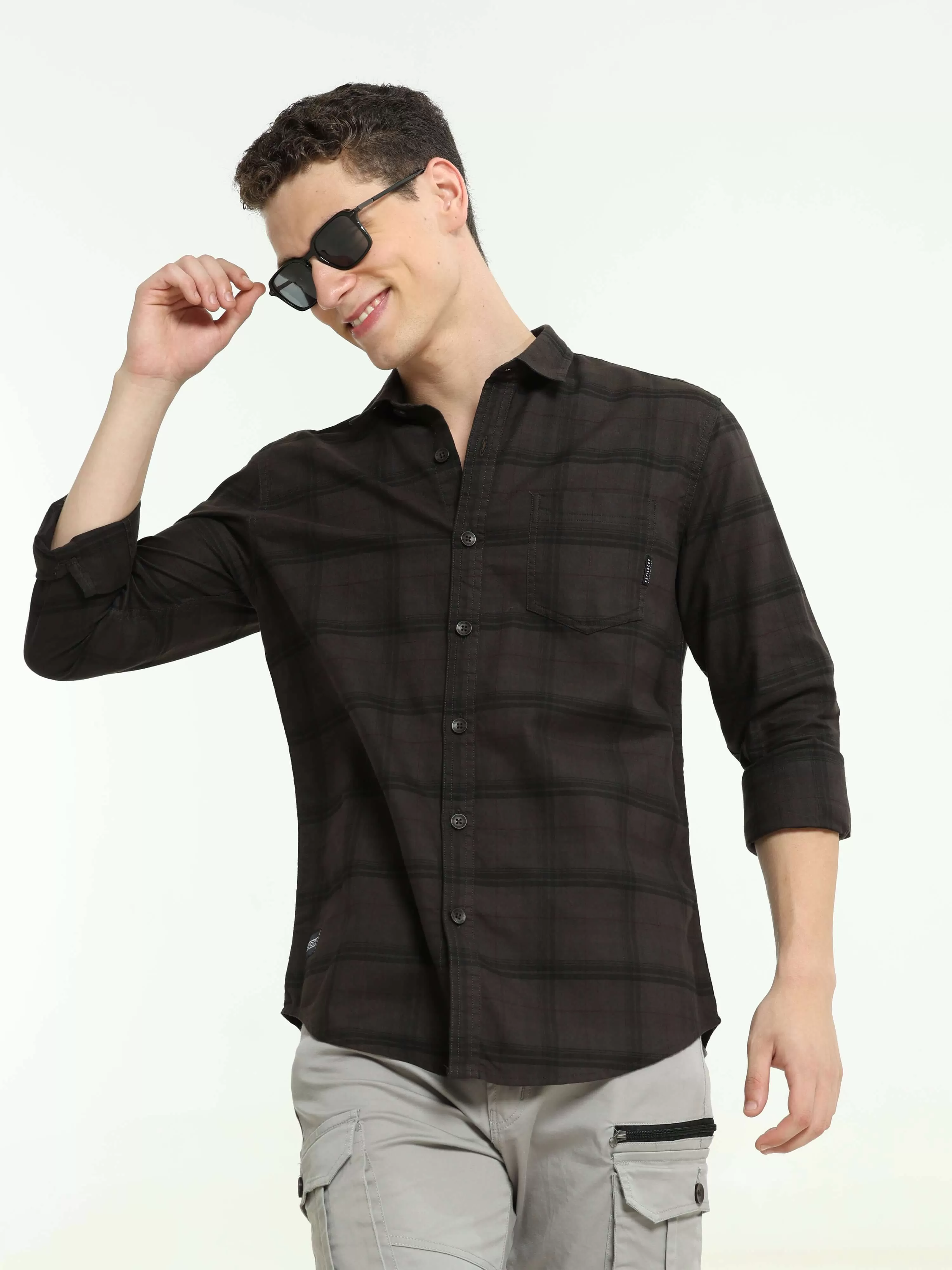 Sage brown casual check shirt