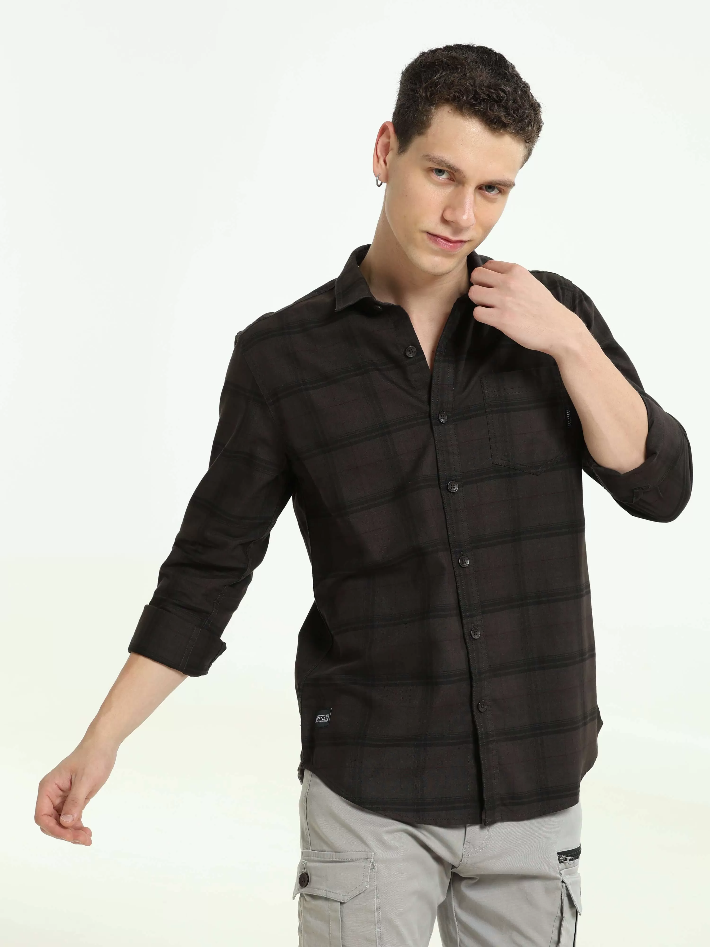 Sage brown casual check shirt