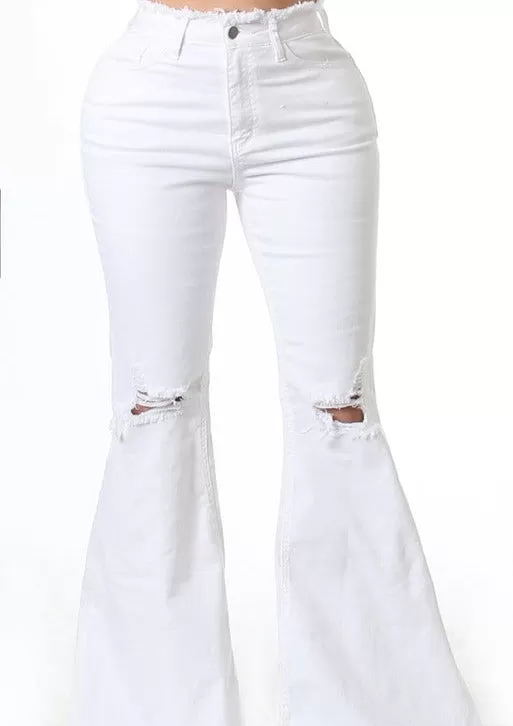 Salma High Waist Bell Bottom Jeans - White