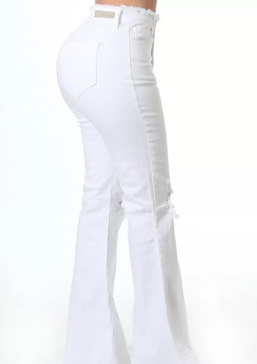 Salma High Waist Bell Bottom Jeans - White