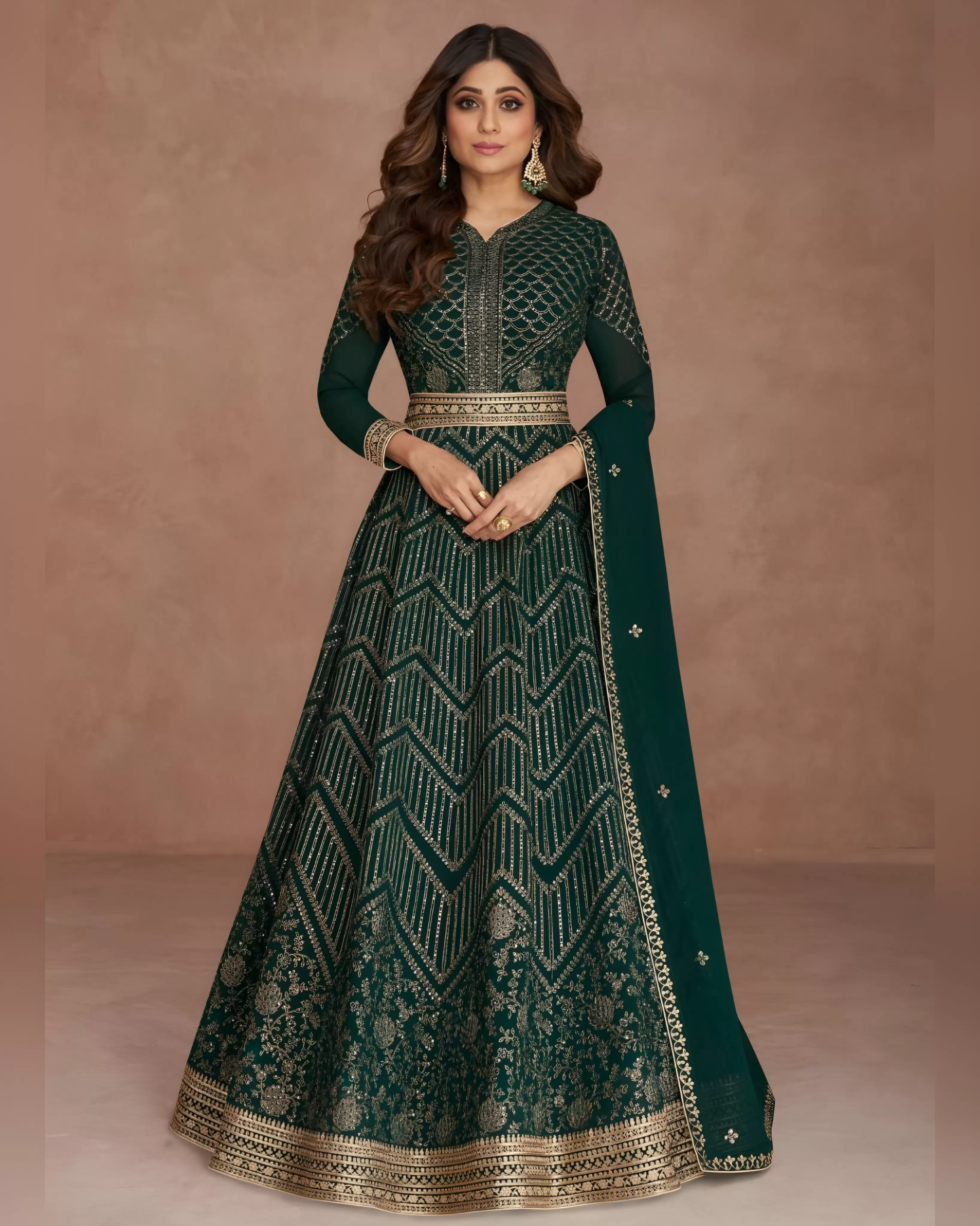 Sequin Embroidered Anarkali Gown Bottle Green