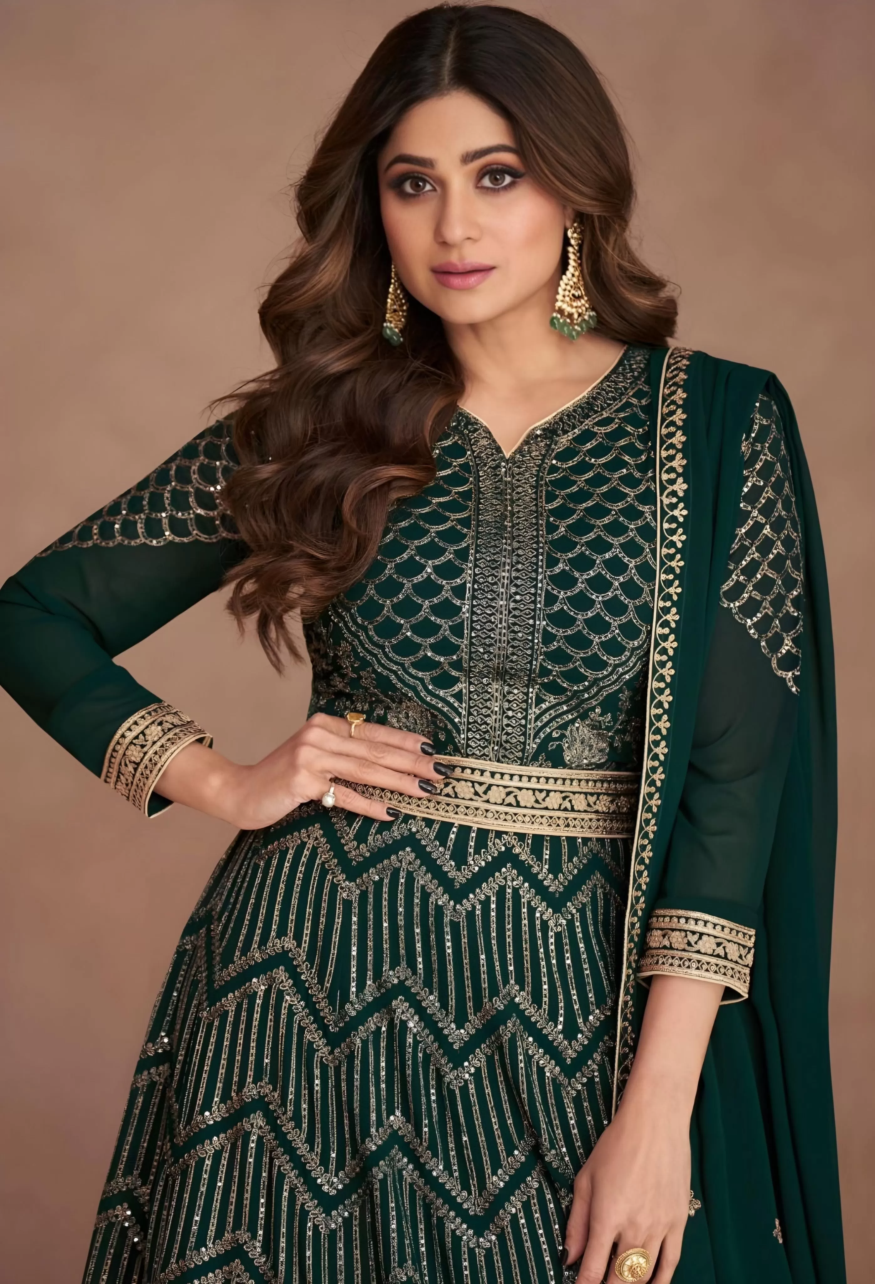 Sequin Embroidered Anarkali Gown Bottle Green