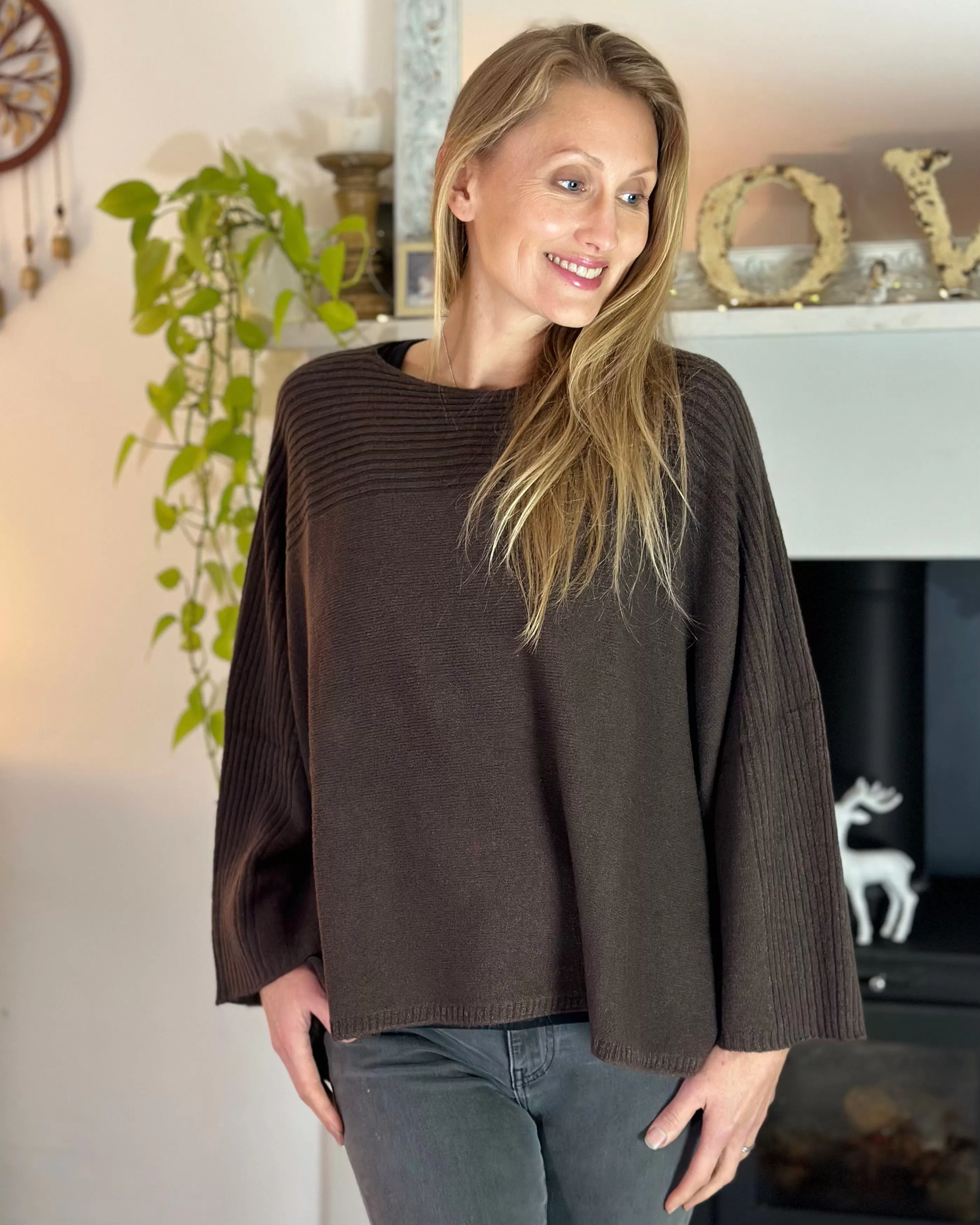 Slash Neck Ribbed Jumper - Brown