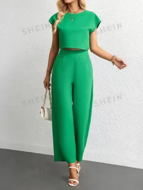 Solid batwing sleeve crop blpouse & wide leg trousers in green