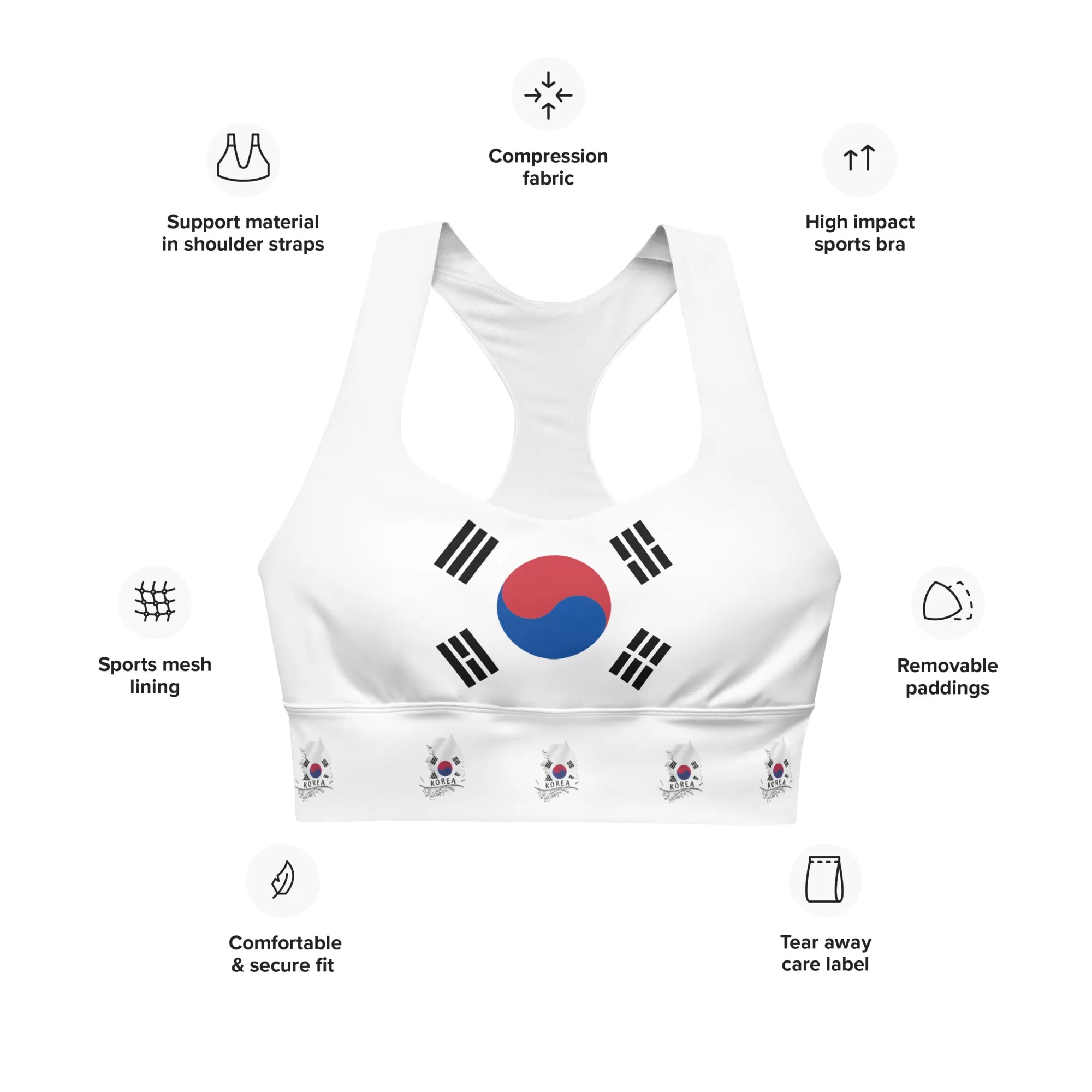 South Korea Flag Women's Longline Padded Sports Bra