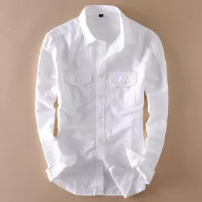 Try this Exclusive Double Pocket White Linen Button-Up Shirt For Men