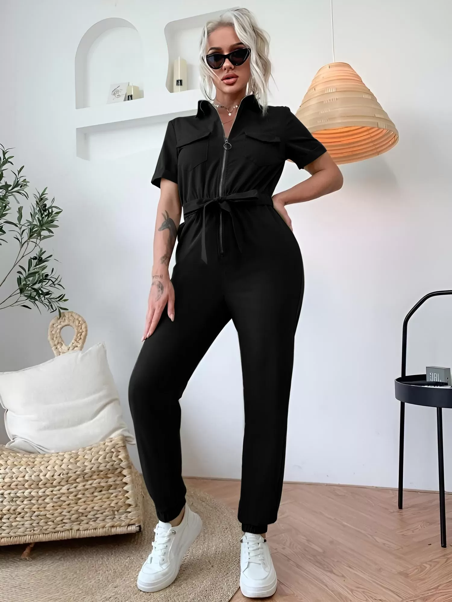 Tuta Donna Mezza Manica Cerniera Cintura Fiocco Pantalone Elastico Comodo