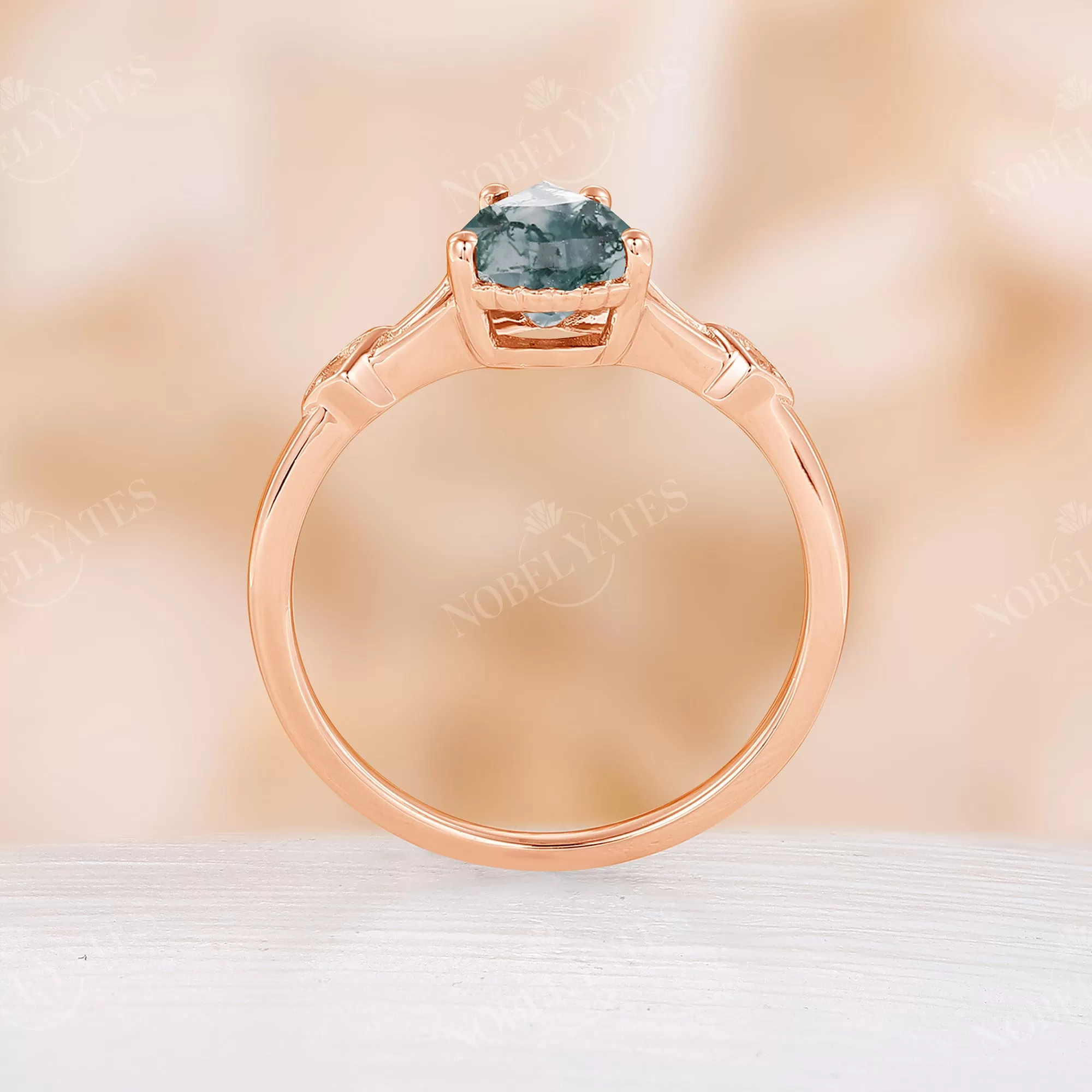 Unique Split Moss Agate Engagement Ring Rose Gold Band