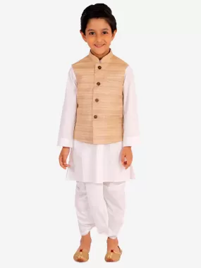 Vastramay Beige And White Matka Silk Jacket, Kurta and Dhoti Set