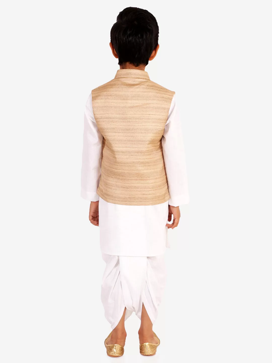 Vastramay Beige And White Matka Silk Jacket, Kurta and Dhoti Set