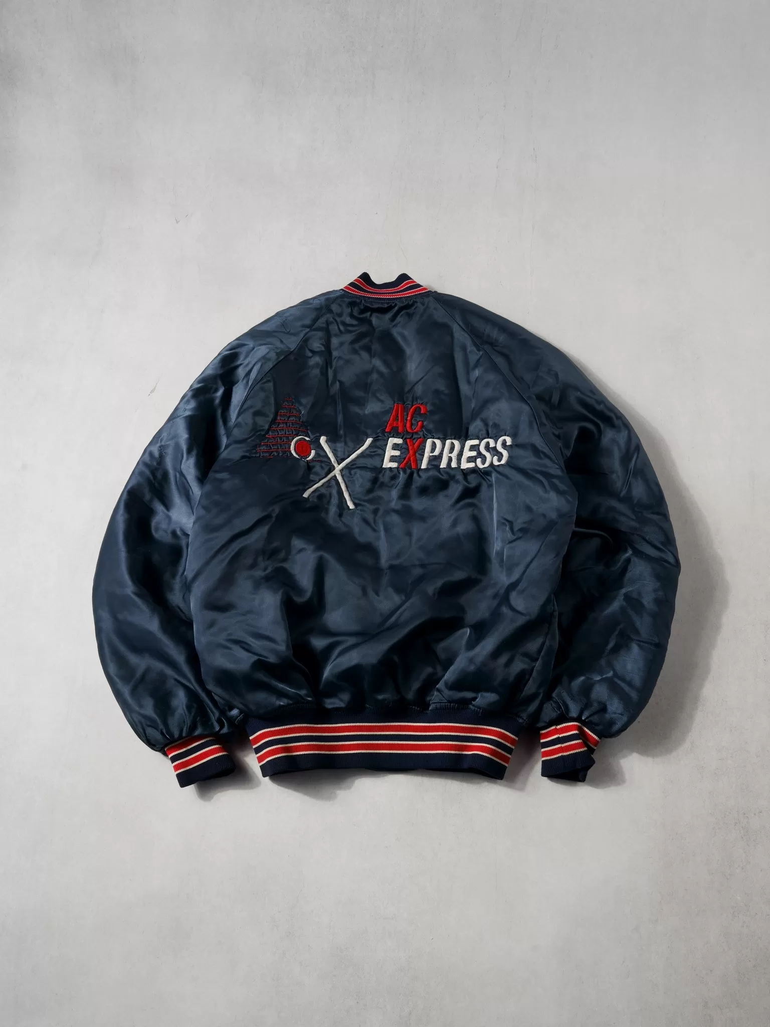 Vintabe 90s Navy Blue and Red AC Express Bomber Jacket (L)