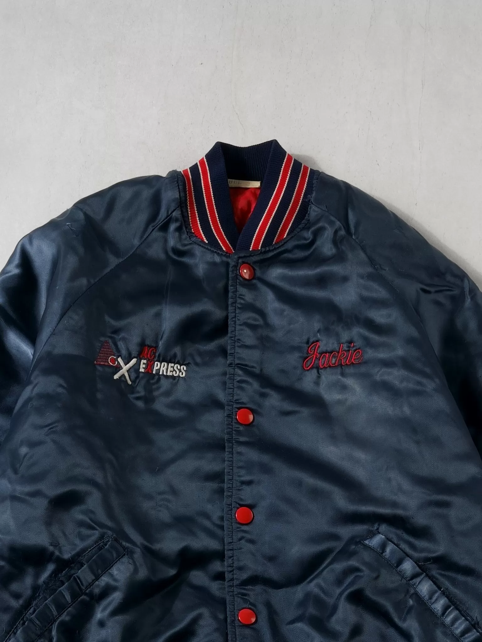 Vintabe 90s Navy Blue and Red AC Express Bomber Jacket (L)