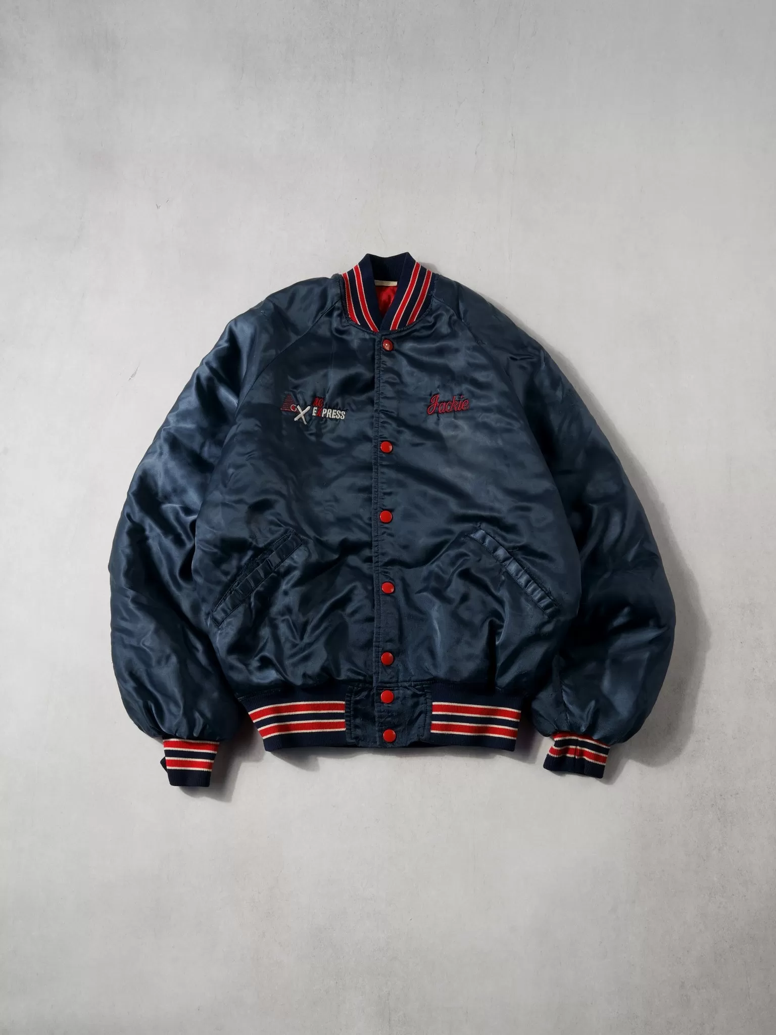 Vintabe 90s Navy Blue and Red AC Express Bomber Jacket (L)