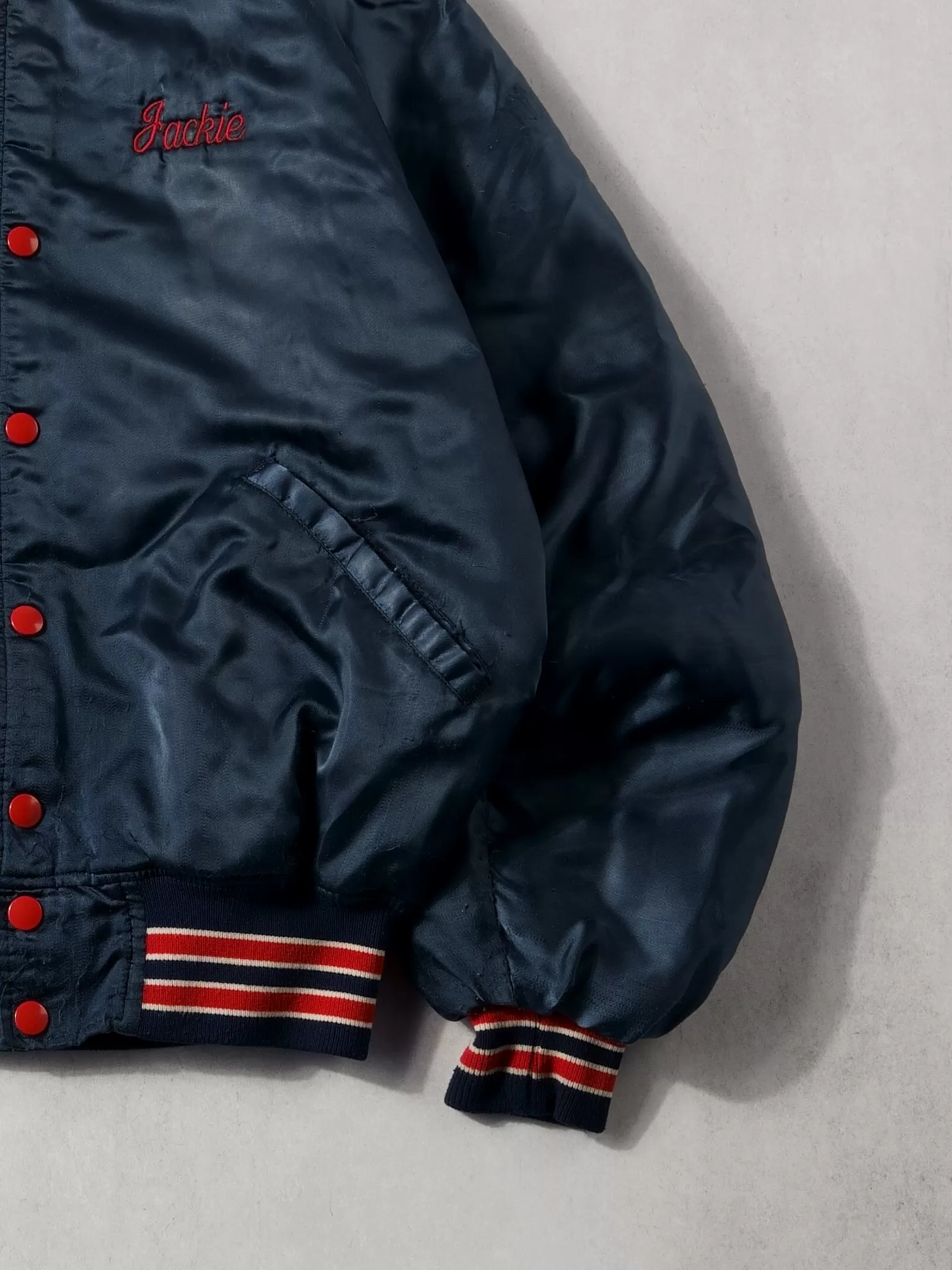 Vintabe 90s Navy Blue and Red AC Express Bomber Jacket (L)