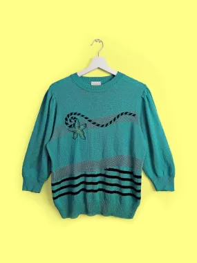 Vintage 80's Embroidery Knit Turquoise Retro Sweater