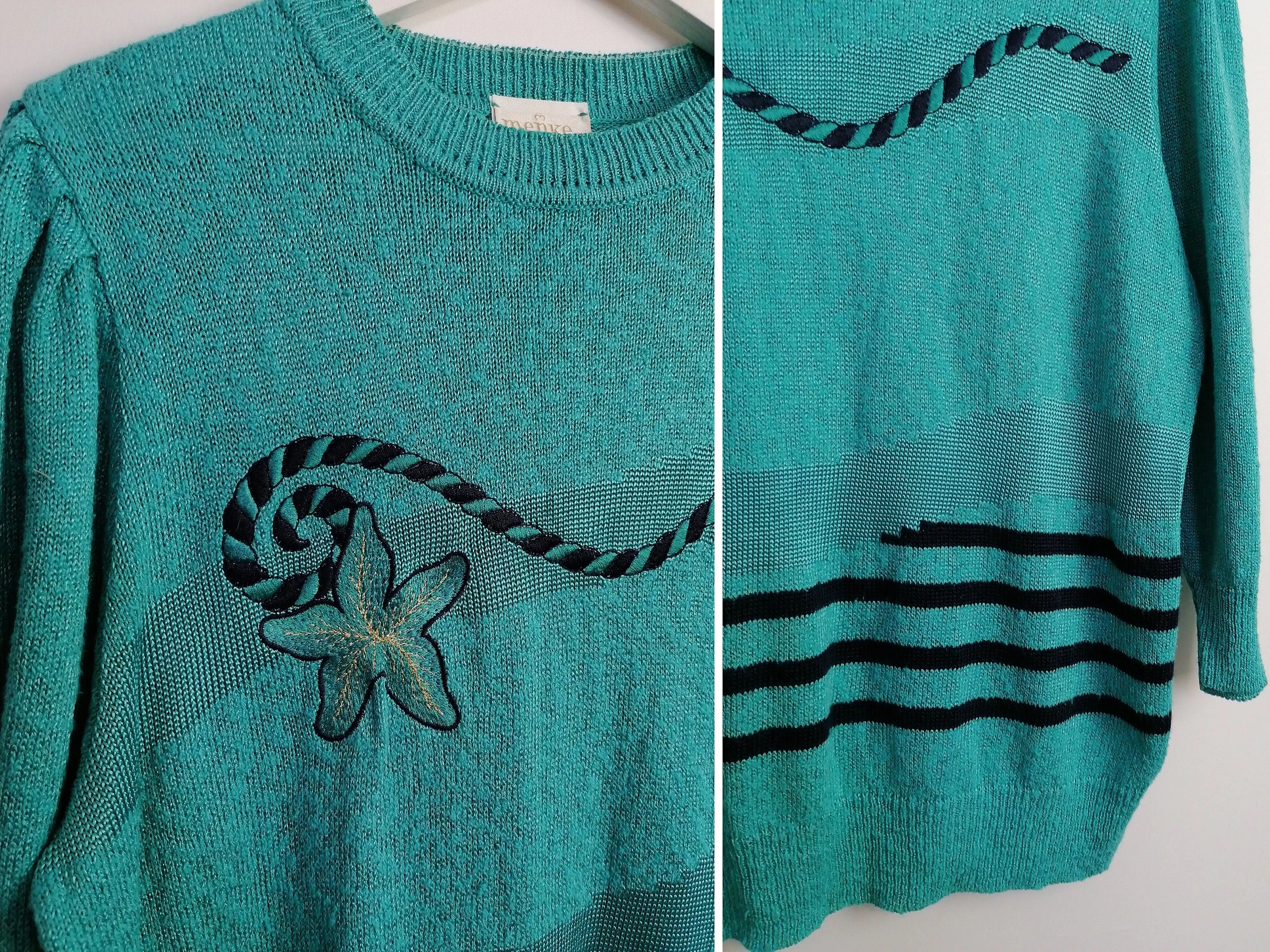 Vintage 80's Embroidery Knit Turquoise Retro Sweater