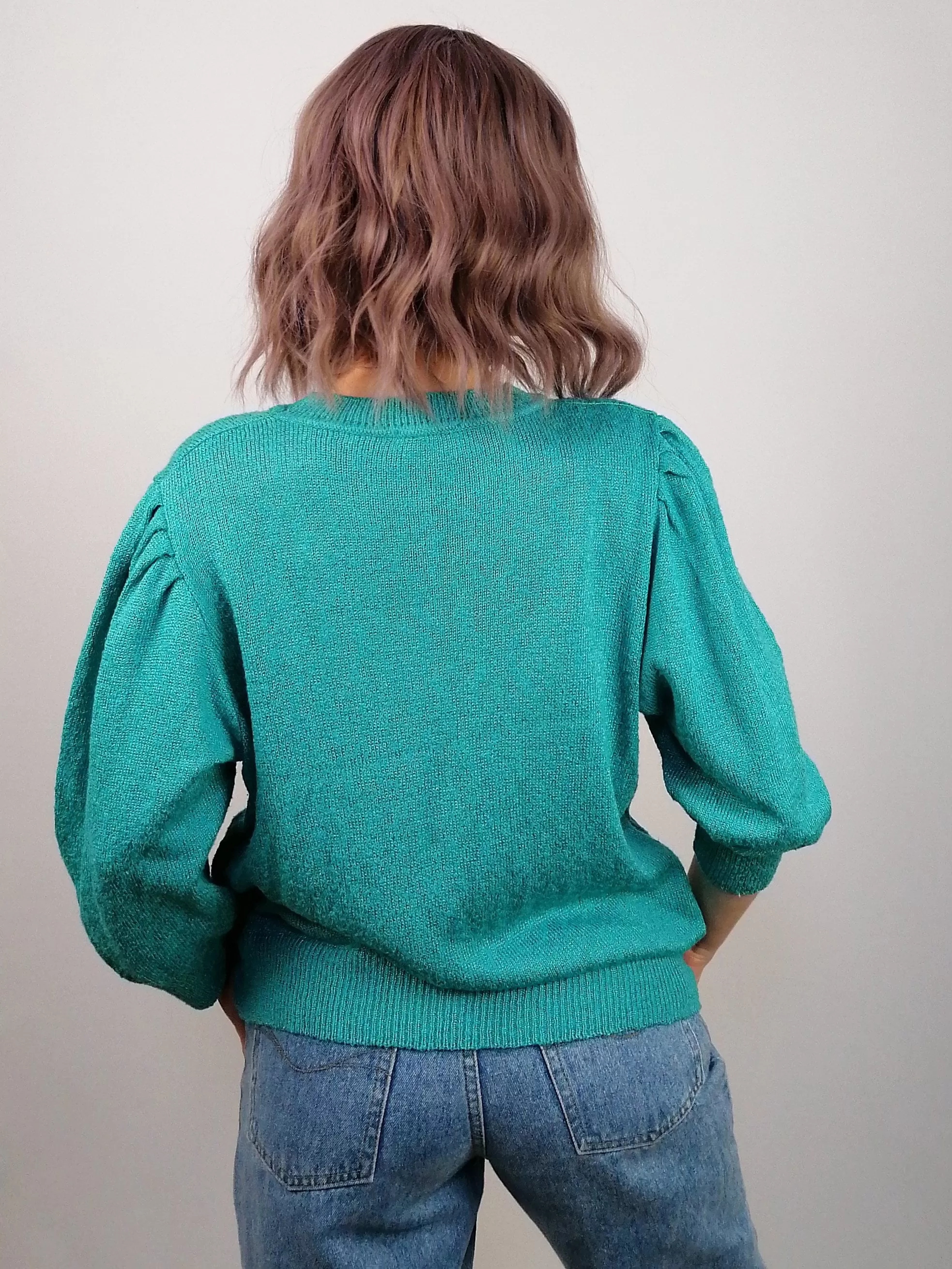 Vintage 80's Embroidery Knit Turquoise Retro Sweater